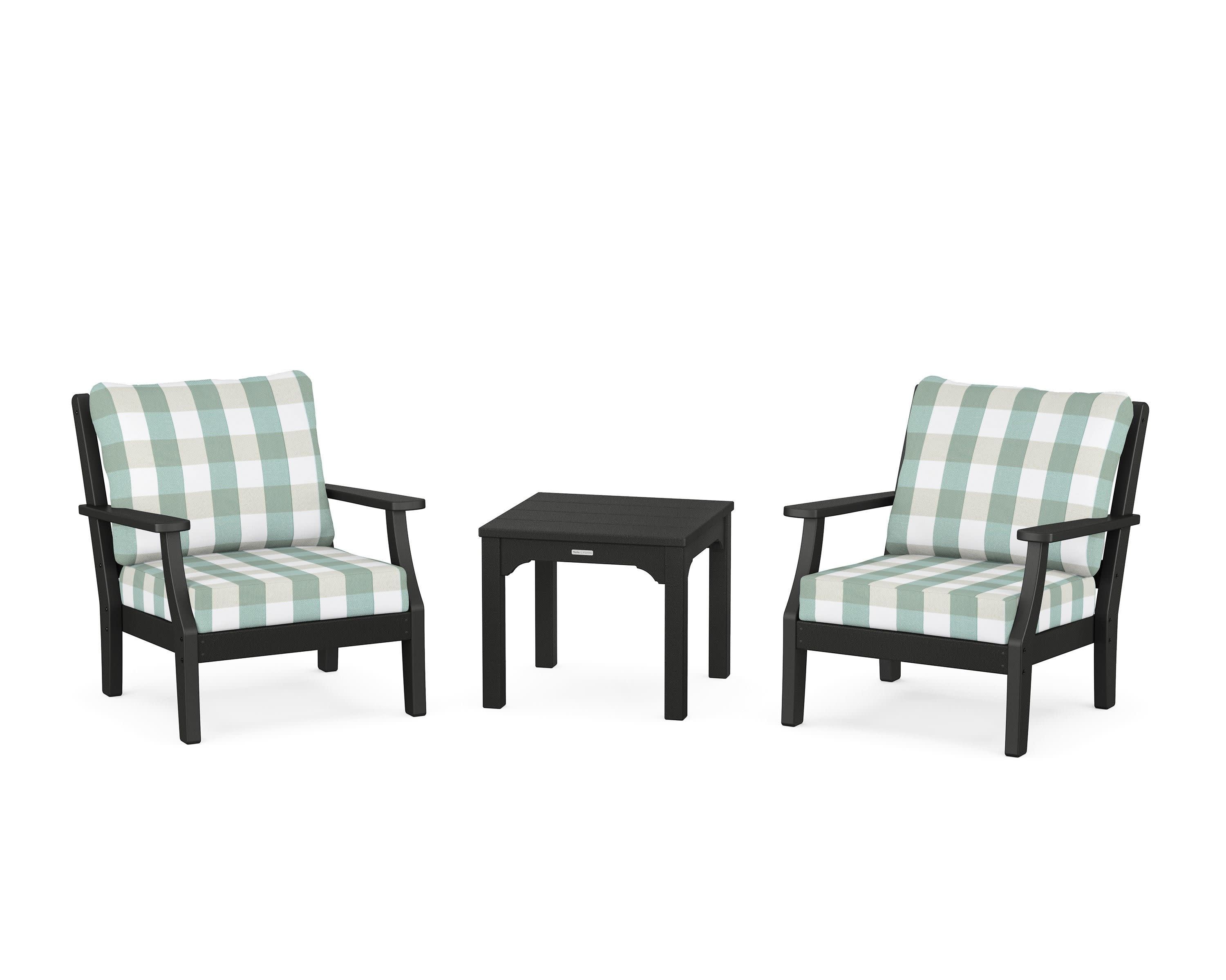Chinoiserie 3-Piece Deep Seating Set in Black / Buffalo Plaid Glacier Spa