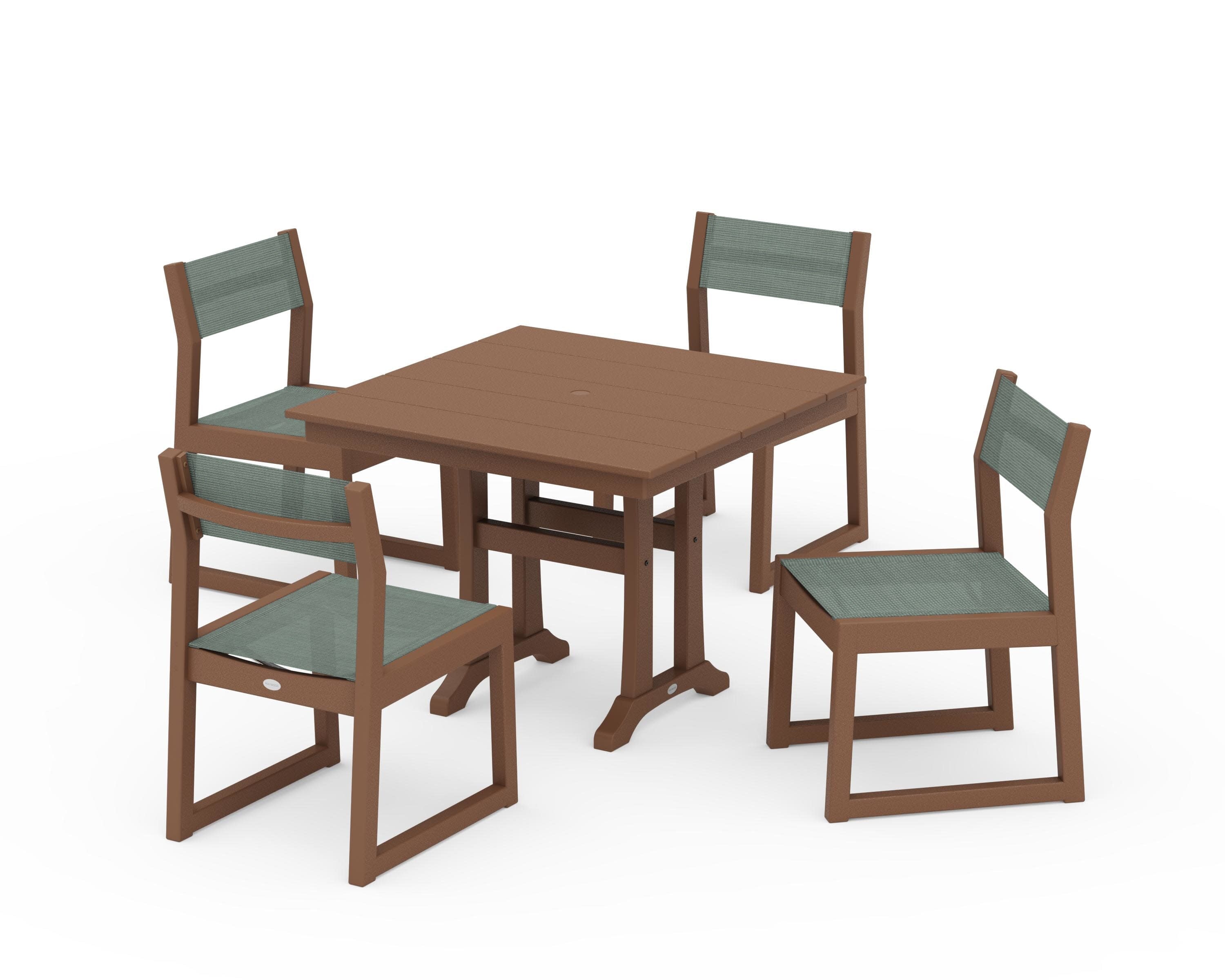 EDGE Sling 5-Piece Farmhouse Trestle Side Chair Dining Set in Teak / Dupioni Sea Mist Sling