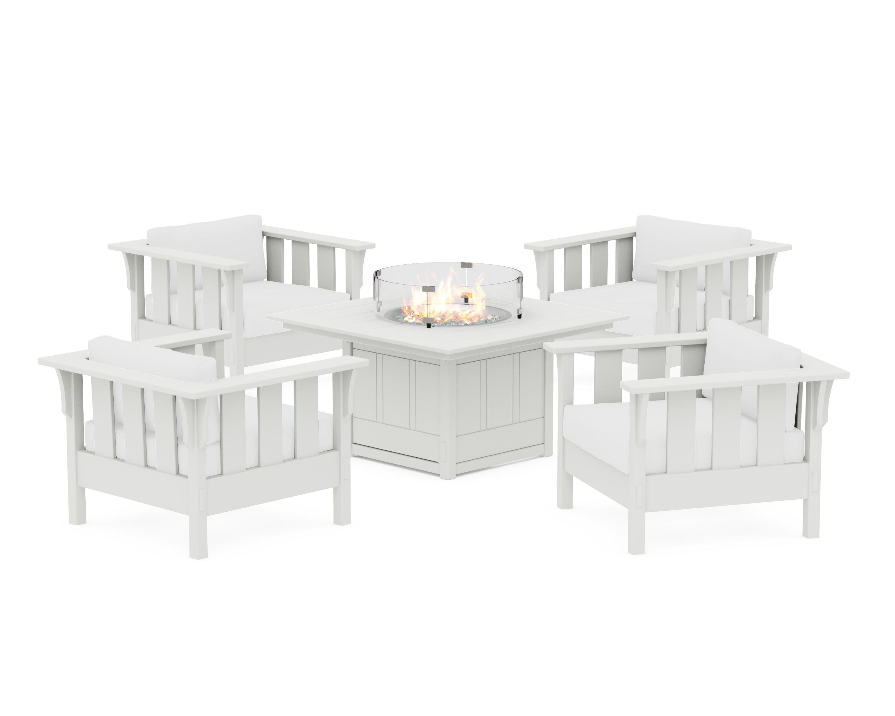 Acadia 5-Piece Deep Seating Set with Fire Pit Table in White / Natural