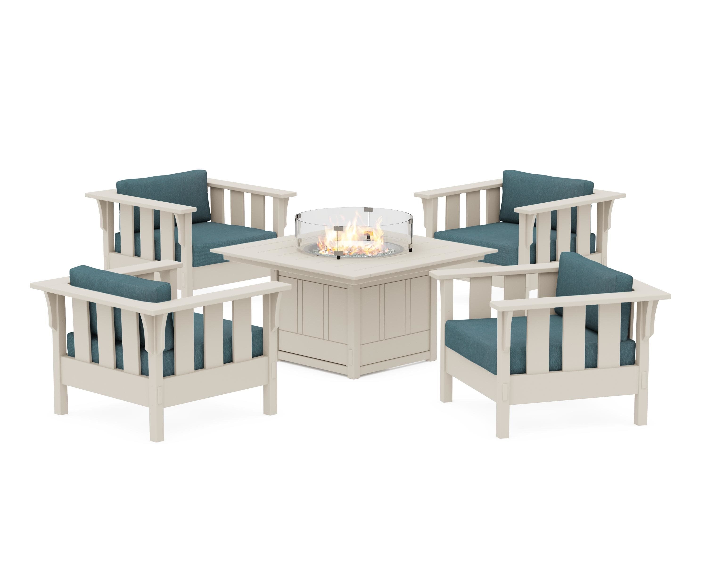 Acadia 5-Piece Deep Seating Set with Fire Pit Table in Sand / Ocean Teal