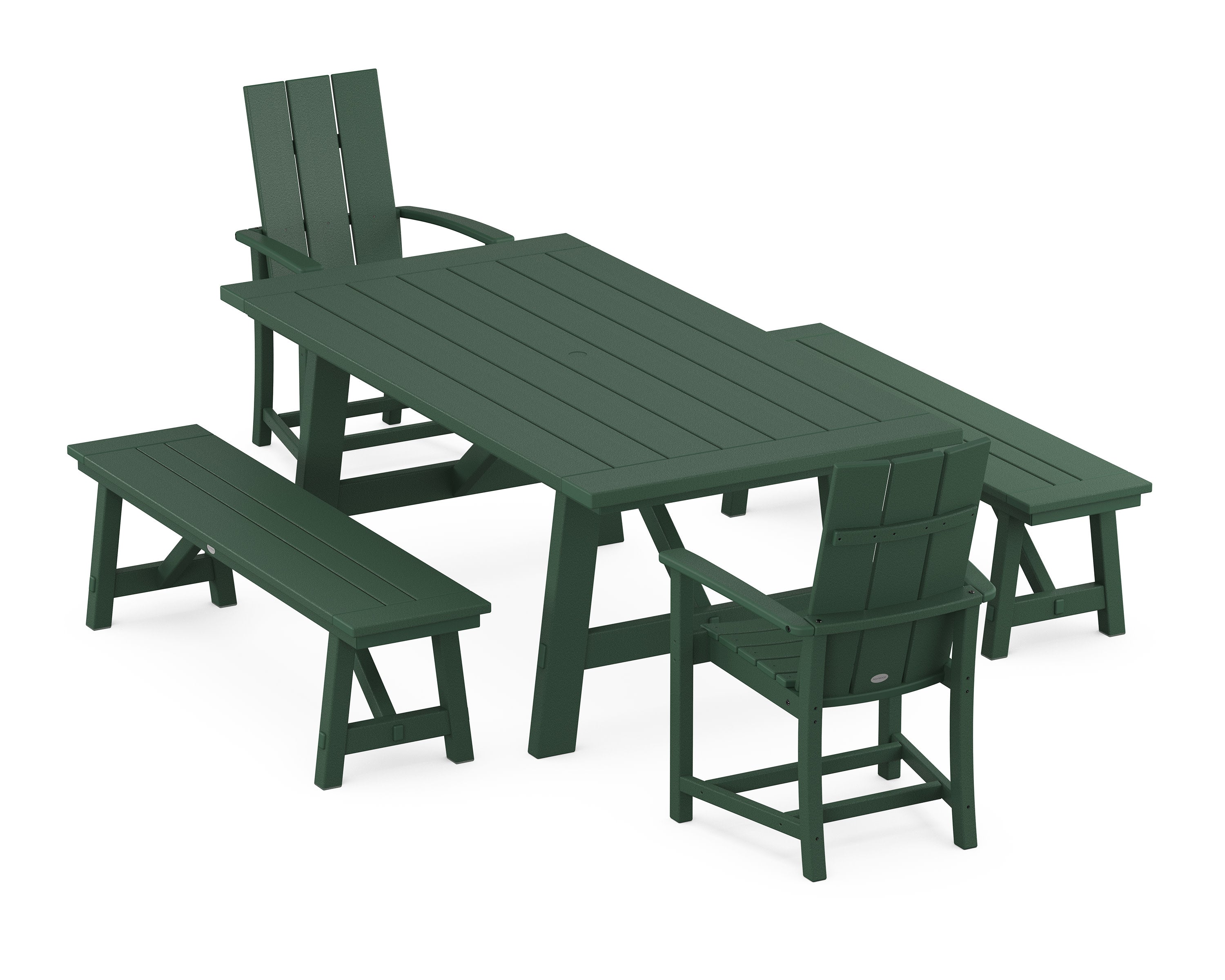 Modern Adirondack 5-Piece Rustic Farmhouse Dining Set With Benches in Green