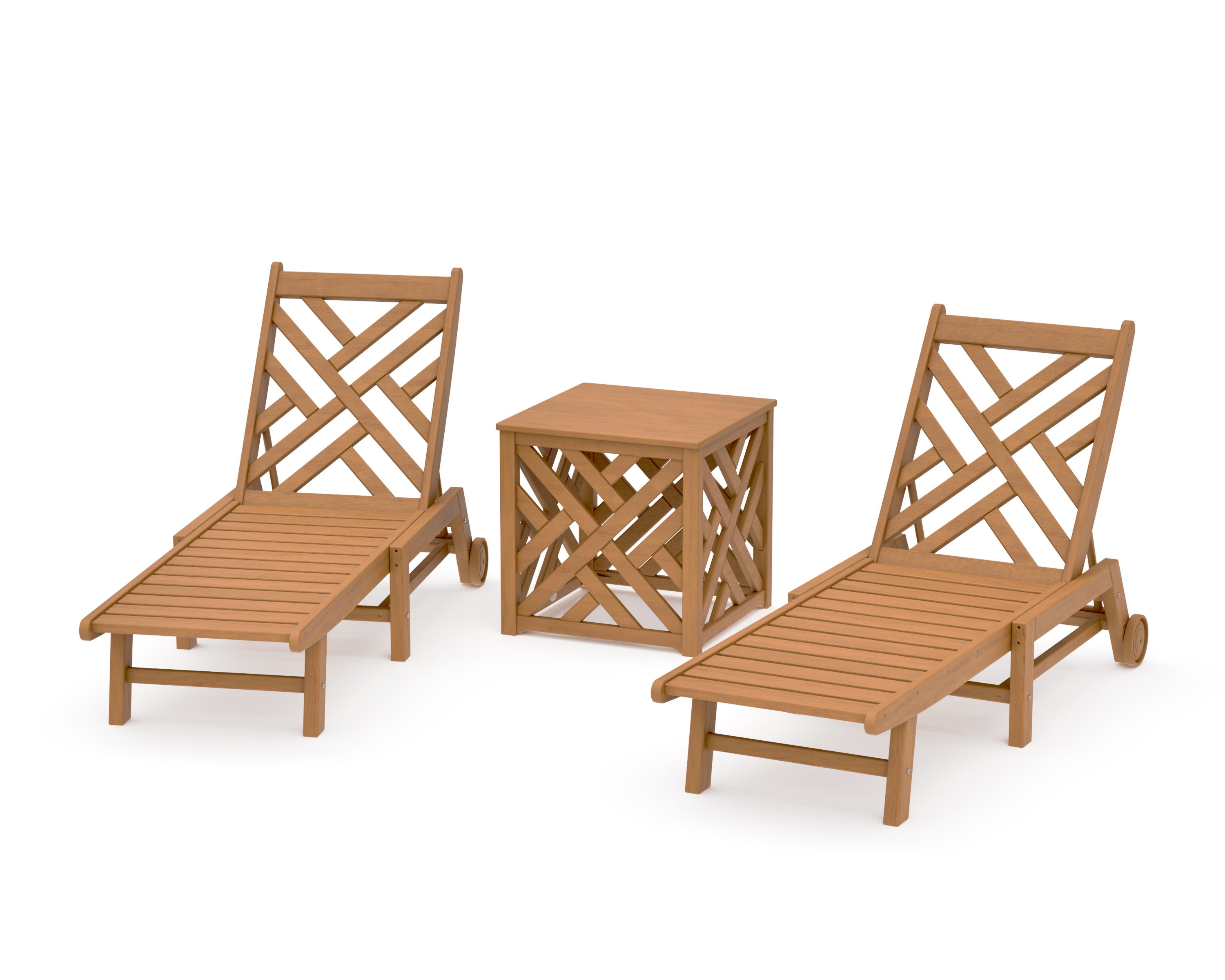 Chippendale 3-Piece Chaise Set with Wheels and Umbrella Stand Accent Table in Natural
