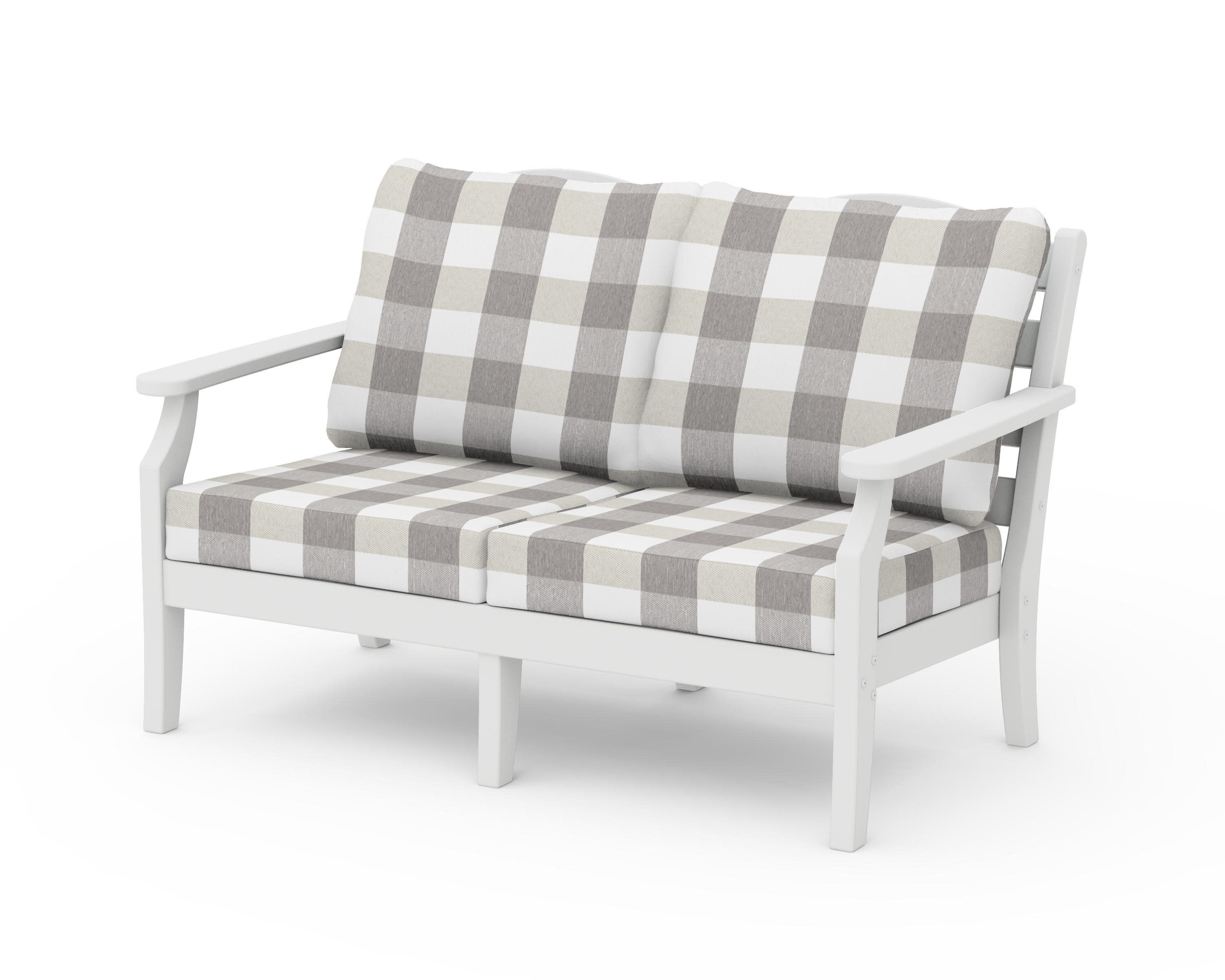 Savannah Deep Seating Loveseat in White / Buffalo Plaid Grey Mist