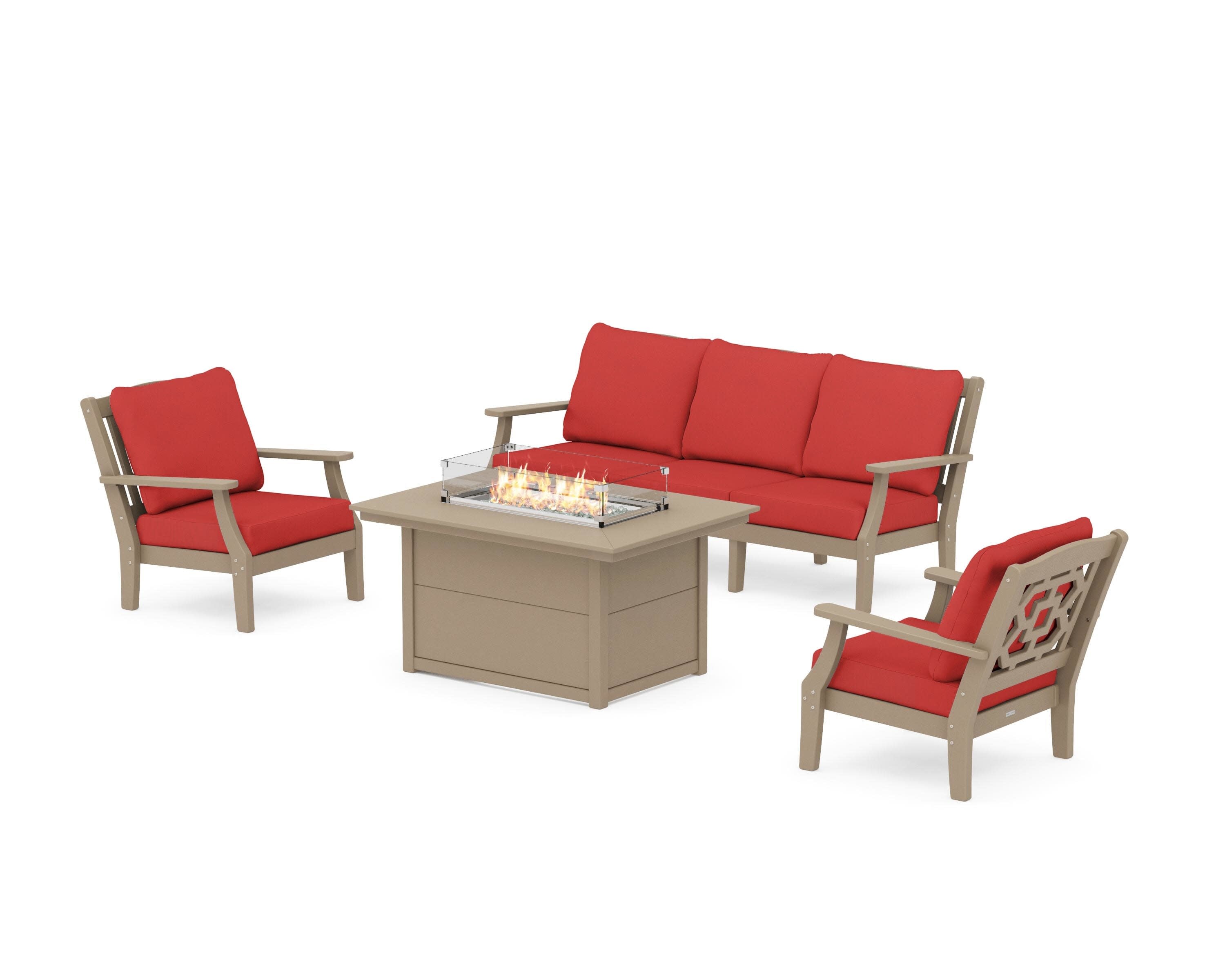 Chinoiserie Deep Seating Fire Pit Table Set in Vintage Sahara / Crimson Linen