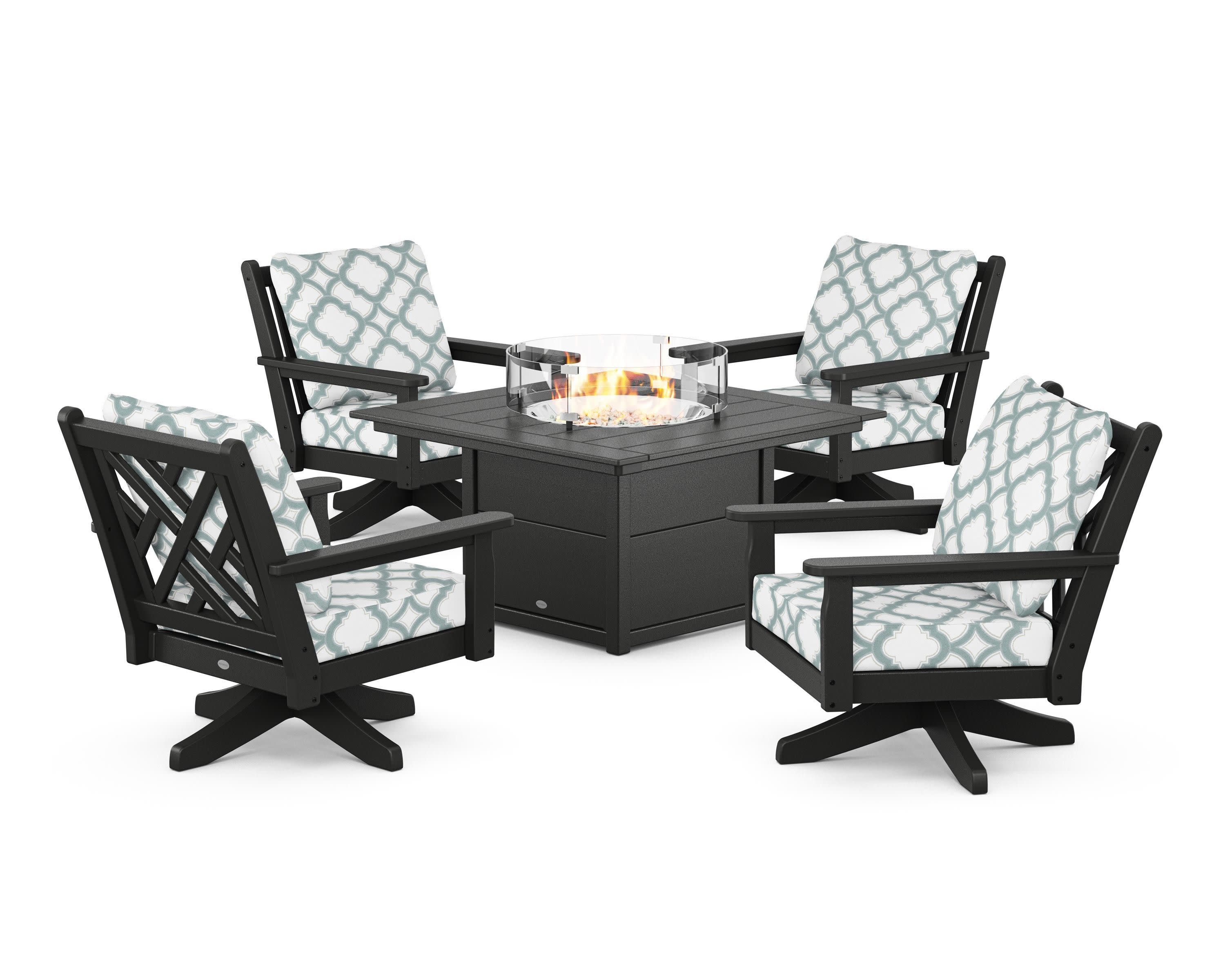Chippendale 5-Piece Deep Seating Swivel Conversation Set with Fire Pit Table in Black / Trellis Glacier Spa