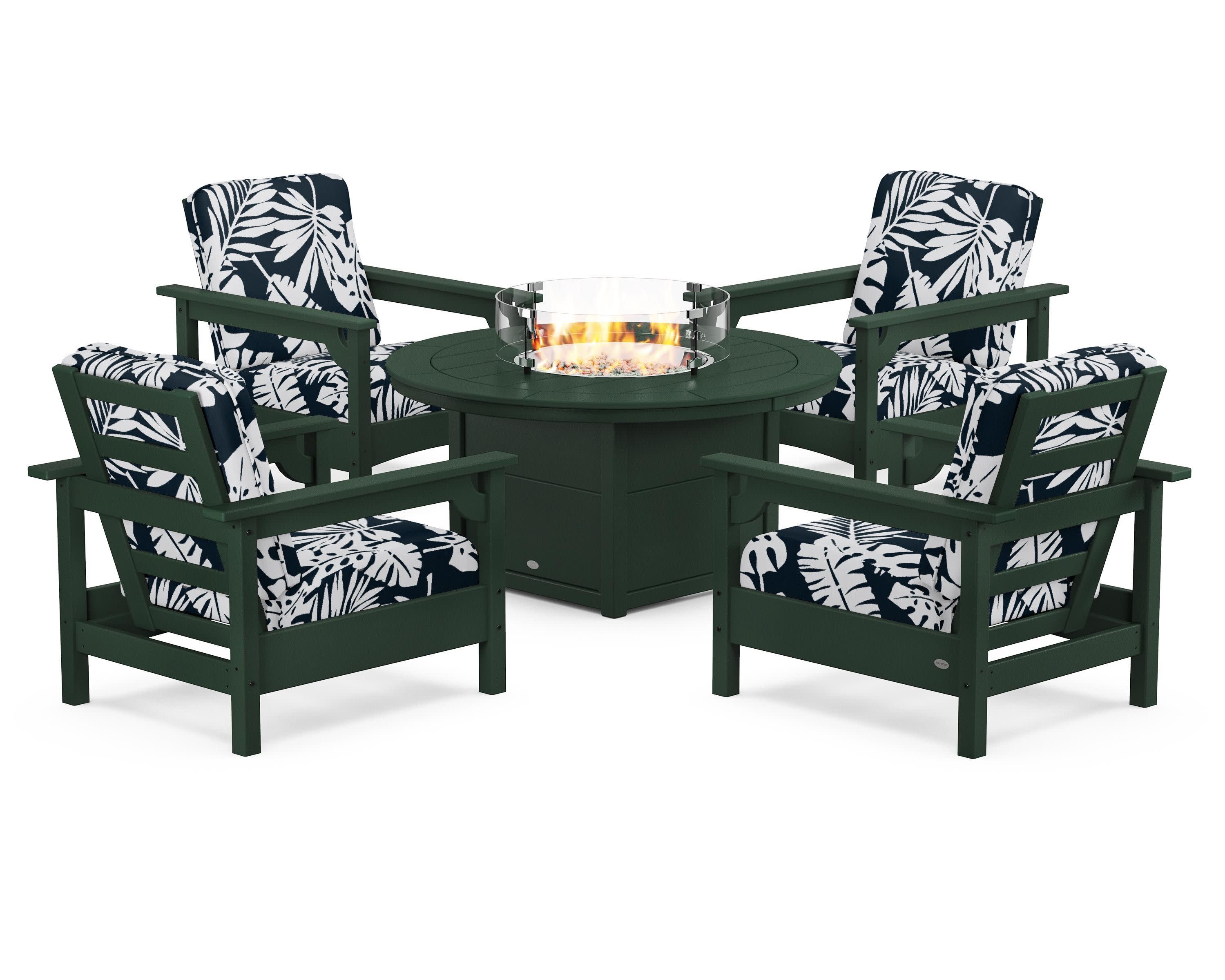 Club 5-Piece Conversation Set with Fire Pit Table in Green / Leaf Marine Indigo