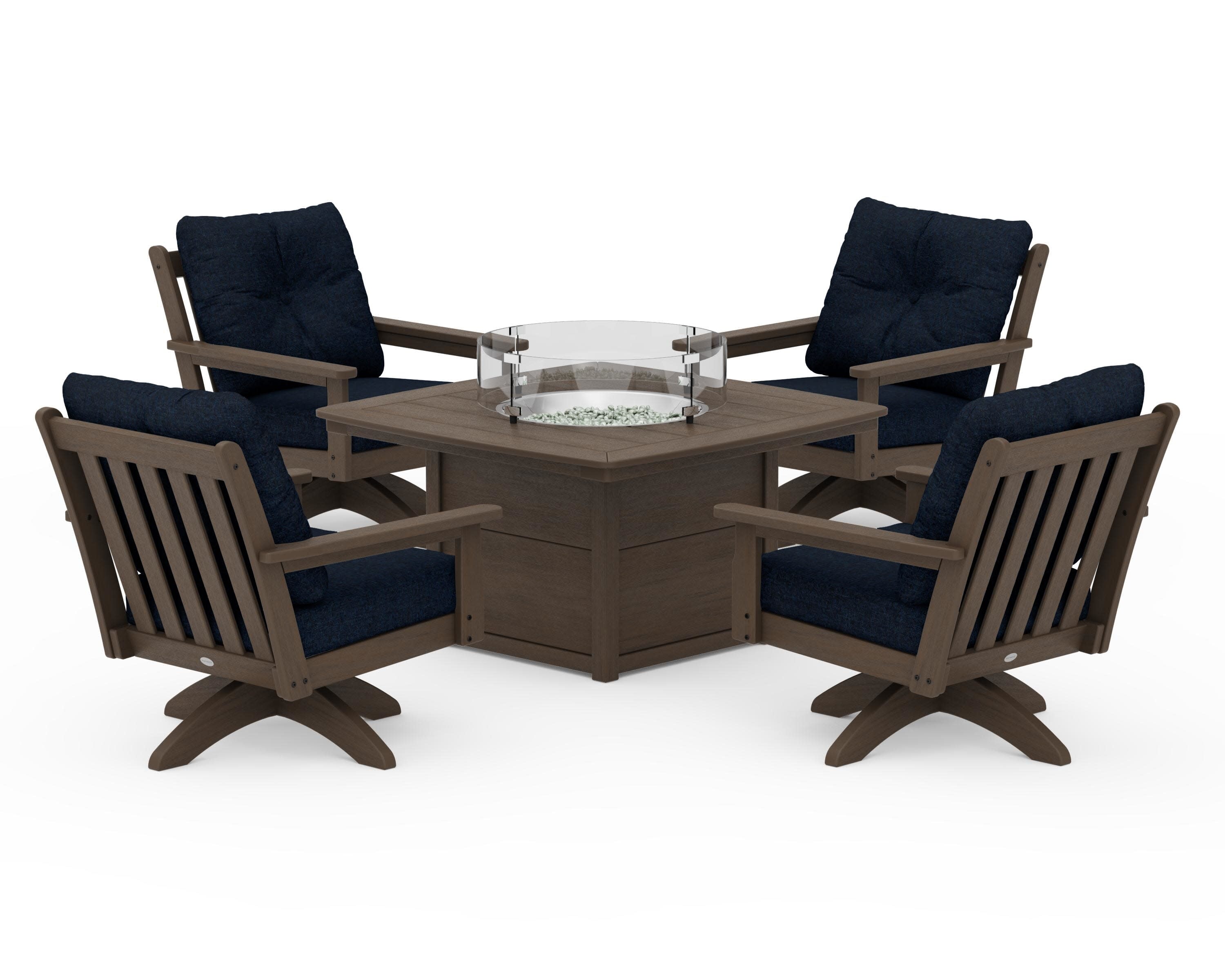 Vineyard 5-Piece Deep Seating Swivel Conversation Set with Fire Pit Table in Kona / Marine Indigo
