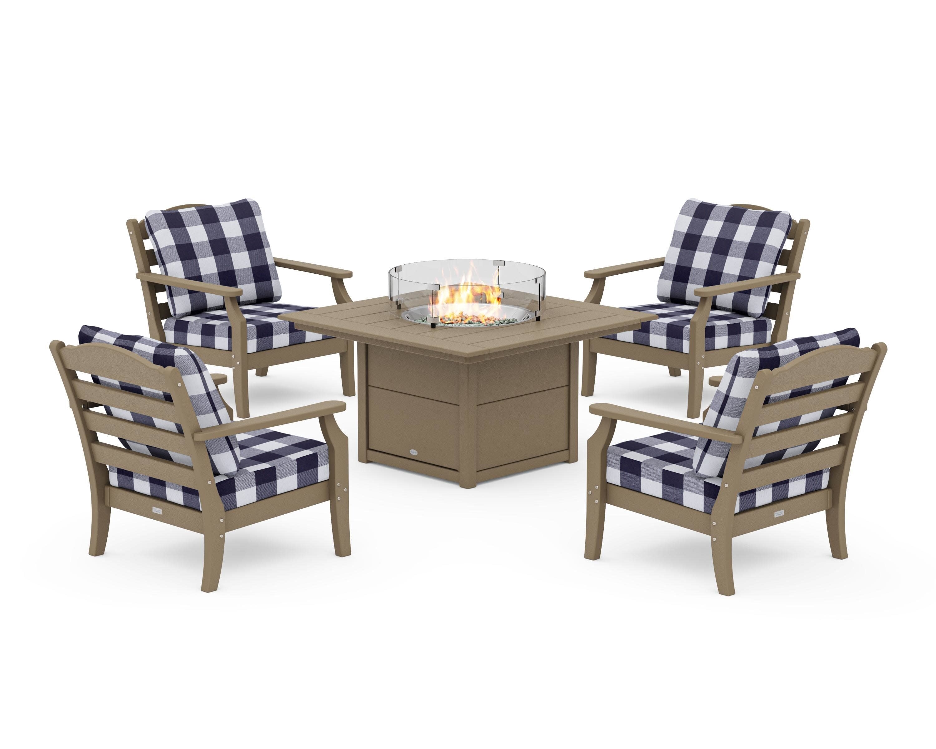 Savannah 5-Piece Deep Seating Set with Fire Pit Table in Vintage Sahara / Buffalo Plaid Navy
