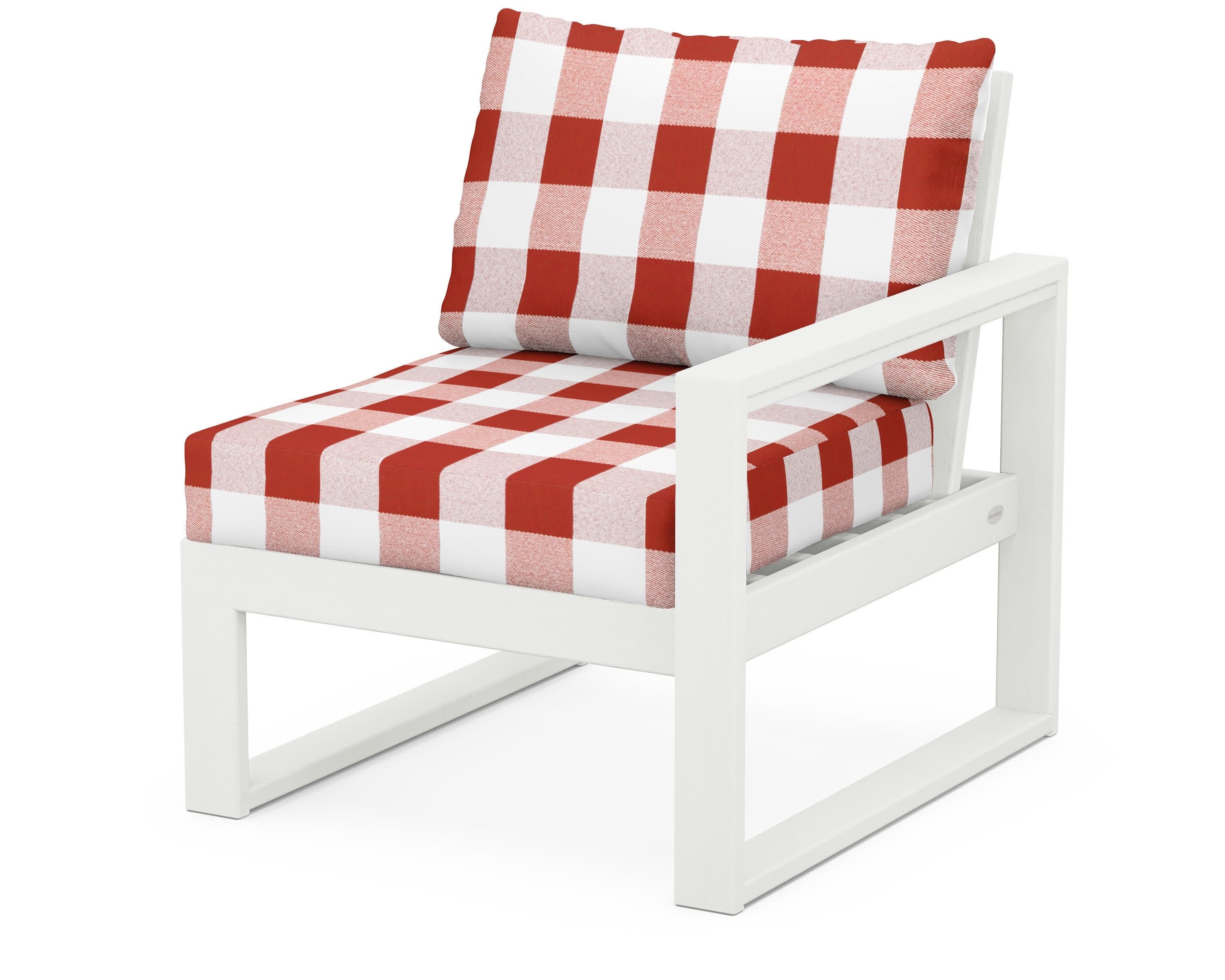 EDGE Modular Right Arm Chair in Vintage White / Buffalo Plaid Crimson