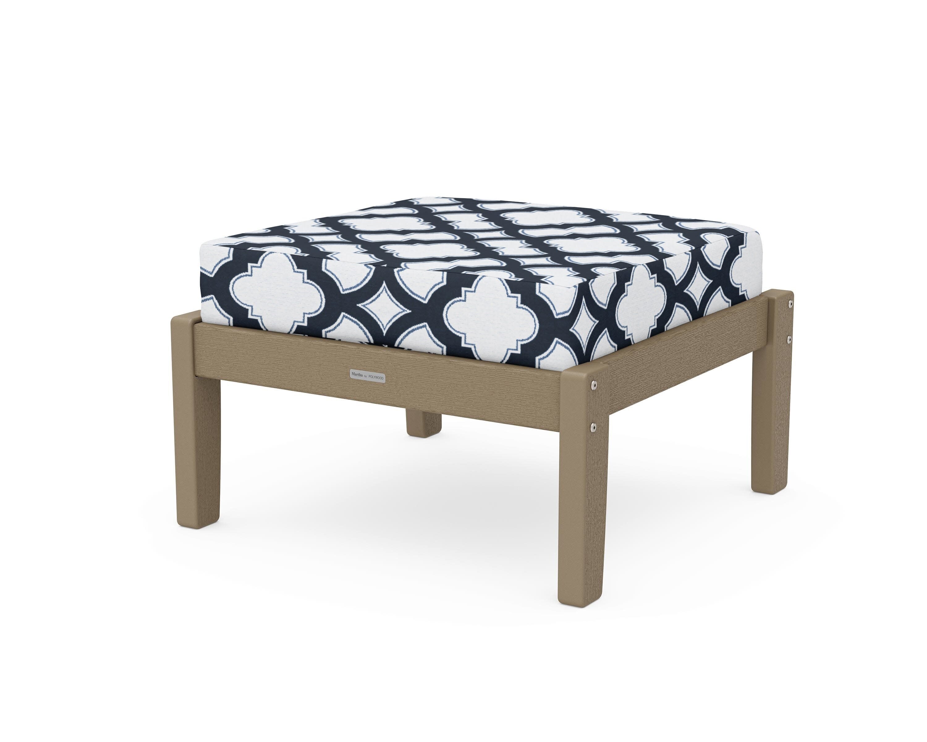 Chinoiserie Deep Seating Ottoman in Vintage Sahara / Trellis Marine Indigo