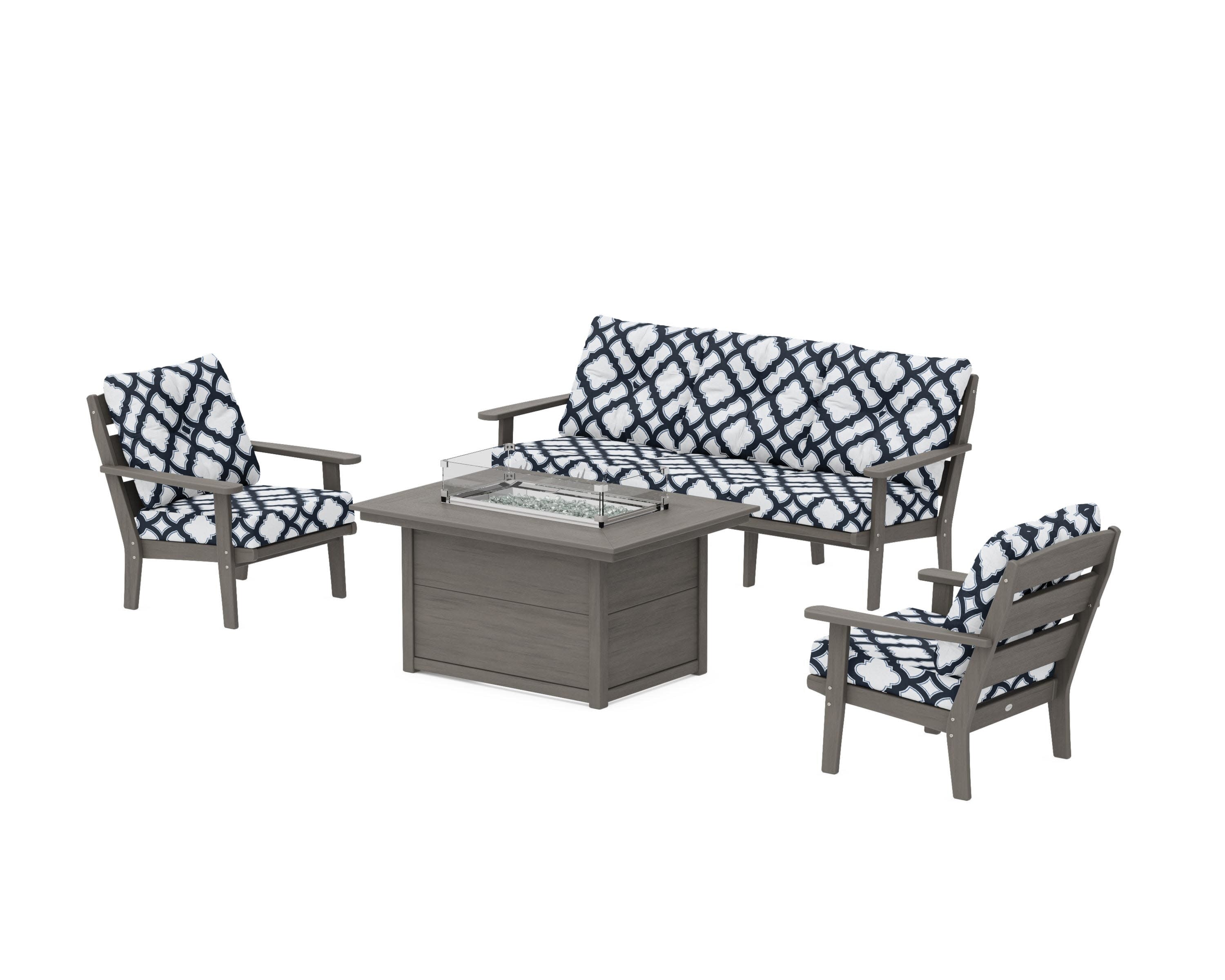 Lakeside Deep Seating Fire Pit Table Set in Driftwood / Trellis Marine Indigo