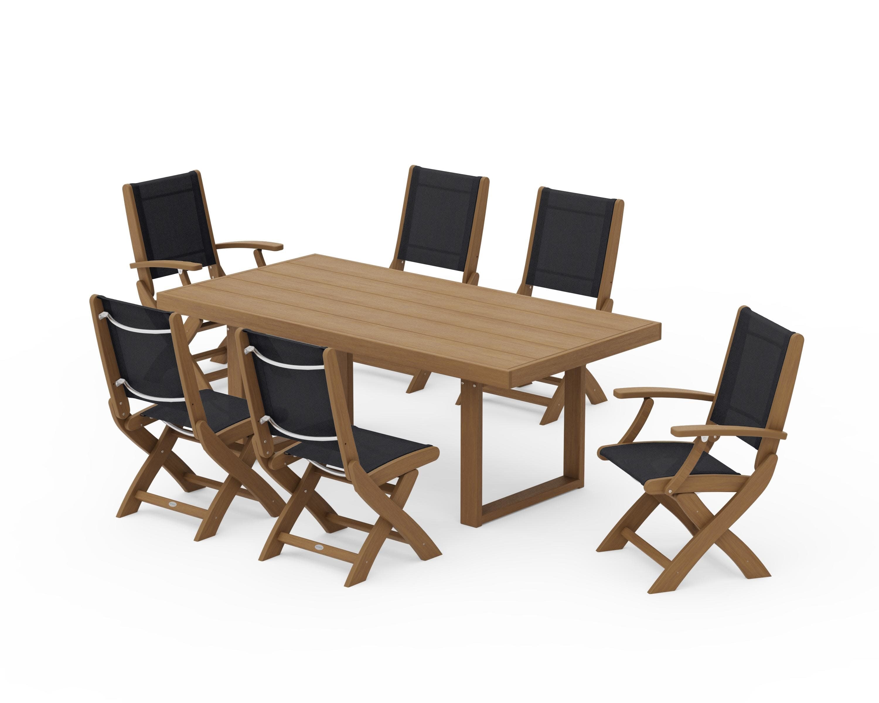 Coastal Folding Chair 7-Piece Dining Set with Trestle Legs in Natural / Black Sling