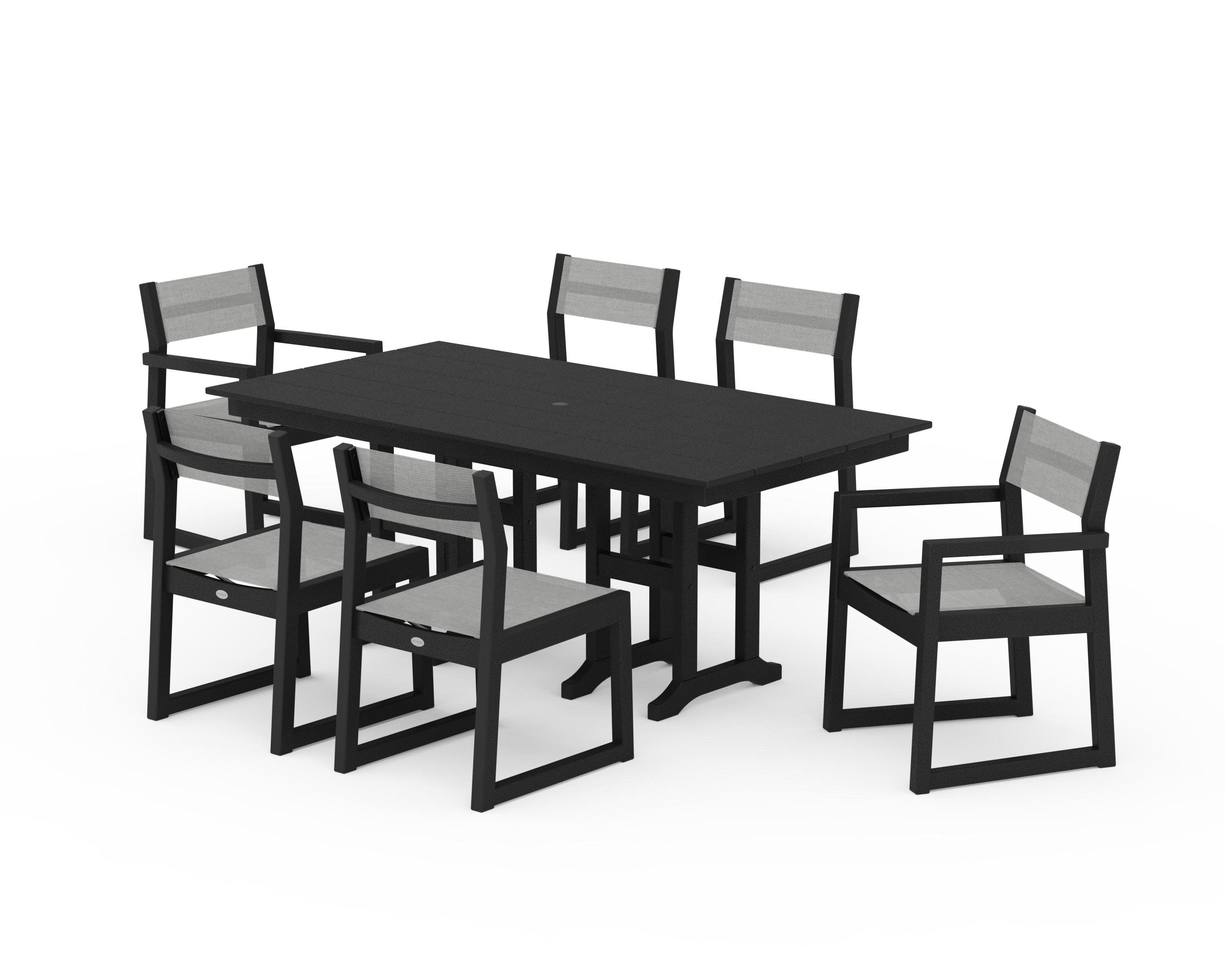 EDGE Sling 7-Piece Farmhouse Dining Set in Black / Metallic Sling
