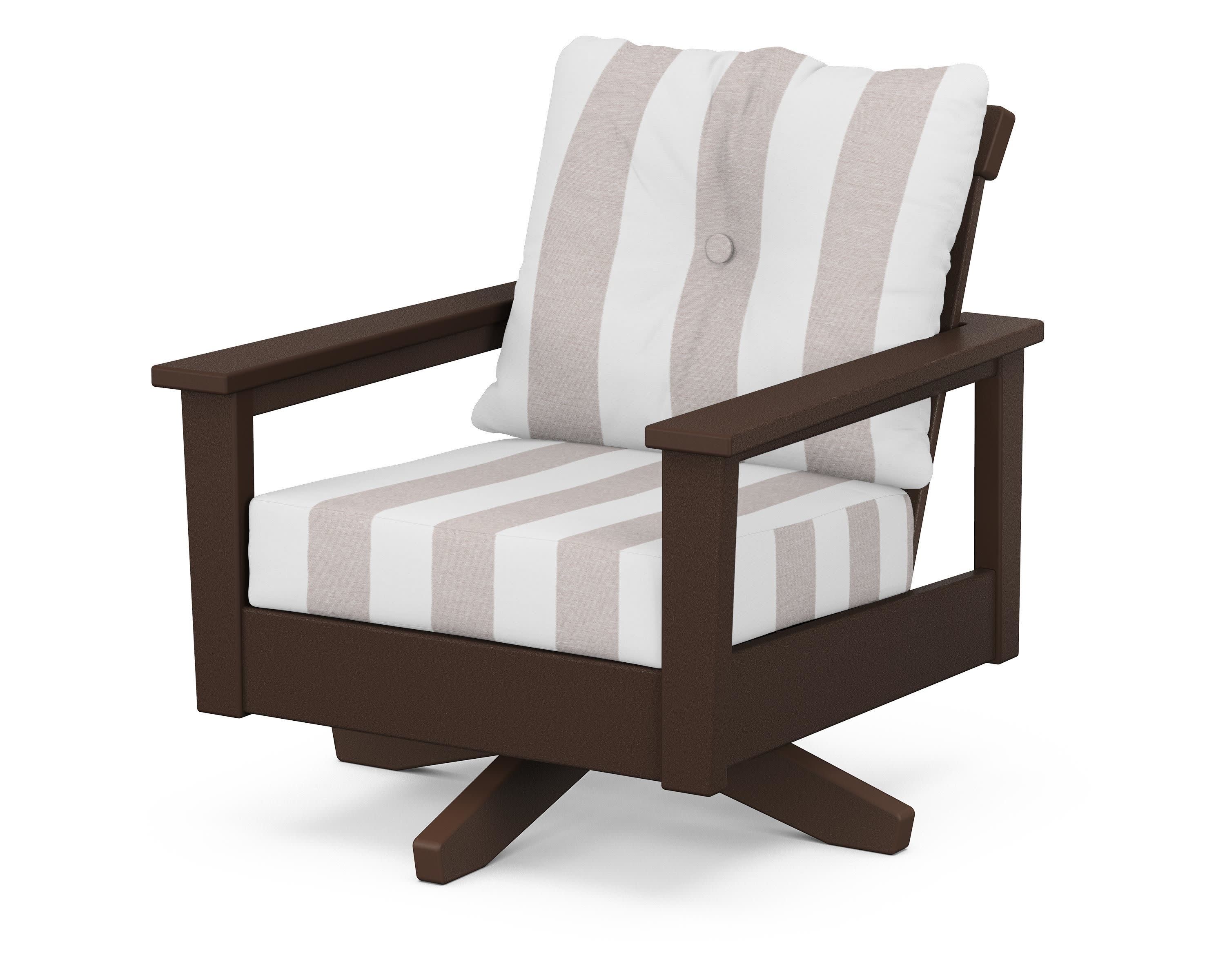 Prescott Deep Seating Swivel Chair in Mahogany / Cabana Stripe Dune Burlap