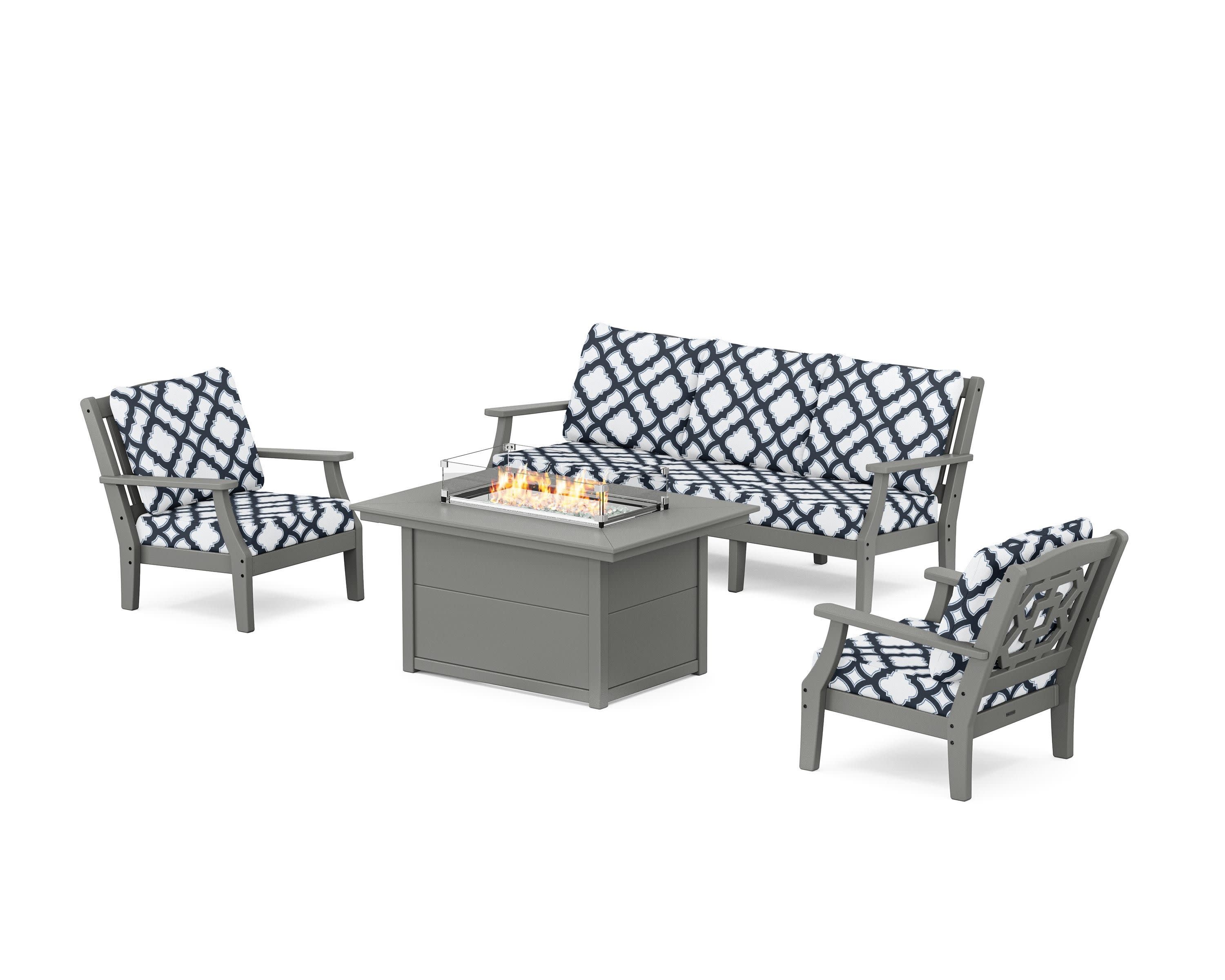 Chinoiserie Deep Seating Fire Pit Table Set in Slate Grey / Trellis Marine Indigo