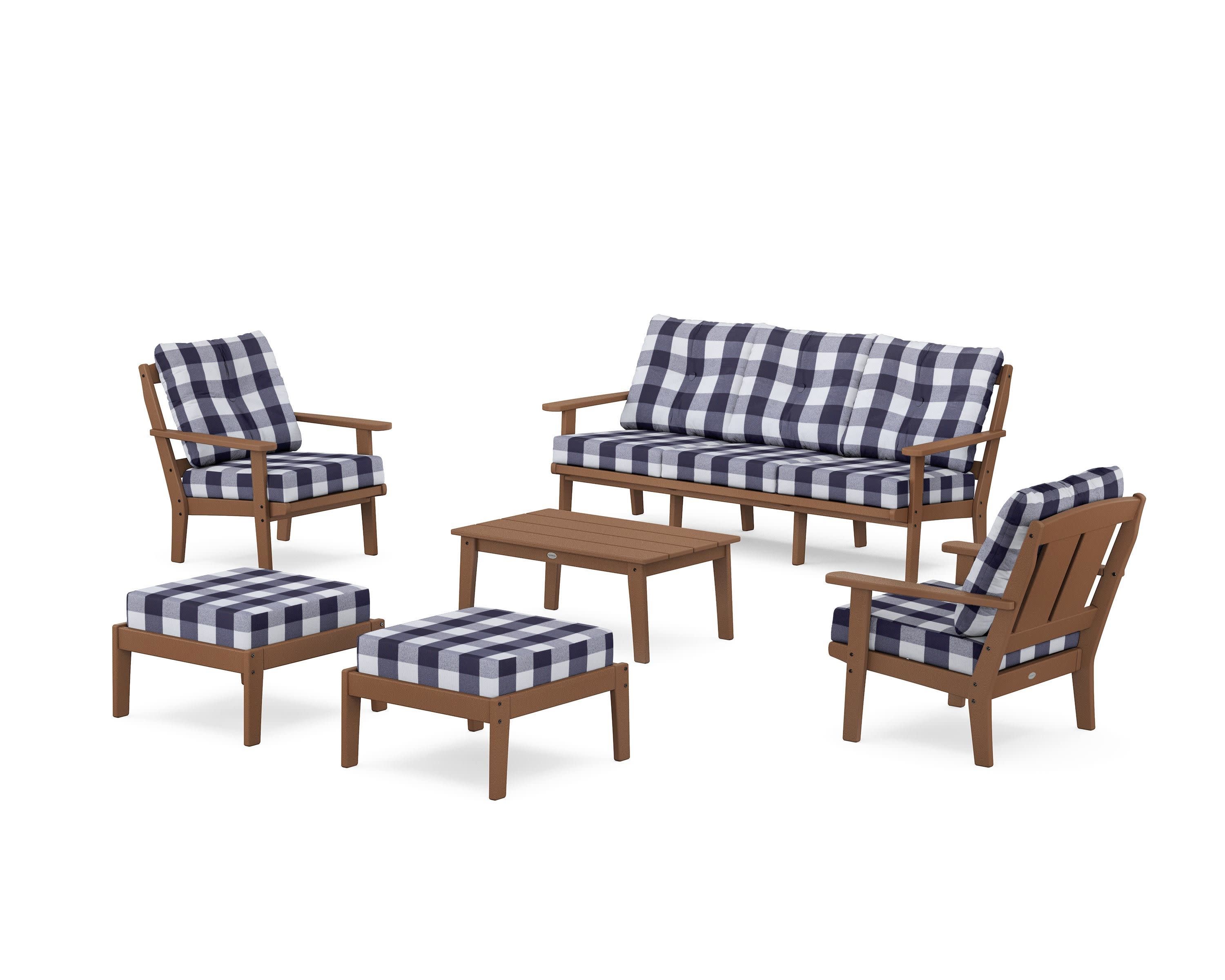 Mission 6-Piece Lounge Sofa Set in Teak / Buffalo Plaid Navy