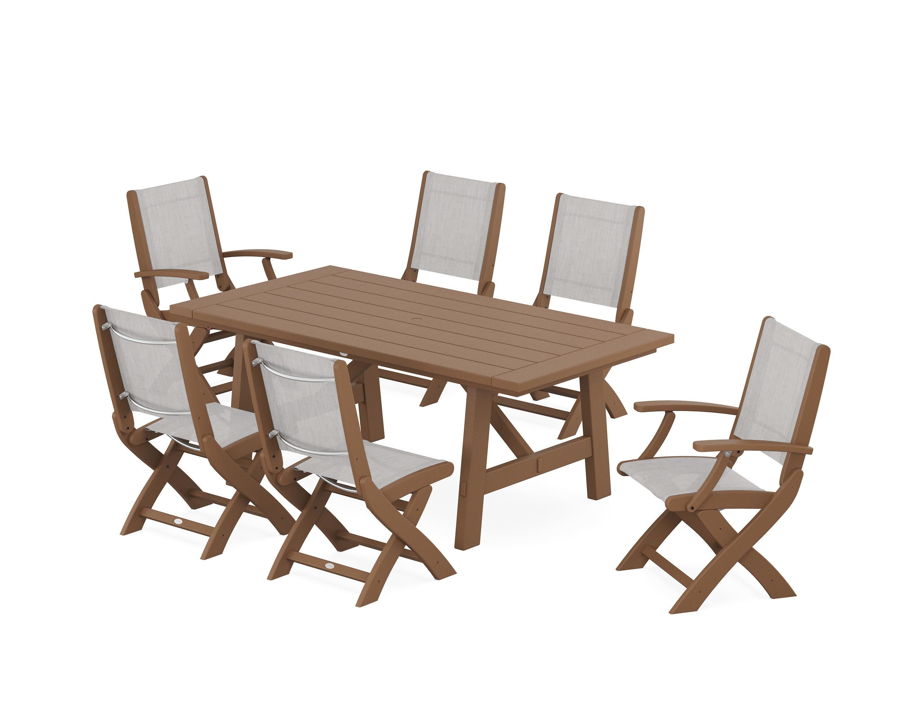 Coastal Folding Chair 7-Piece Rustic Farmhouse Dining Set in Teak / Parchment Sling