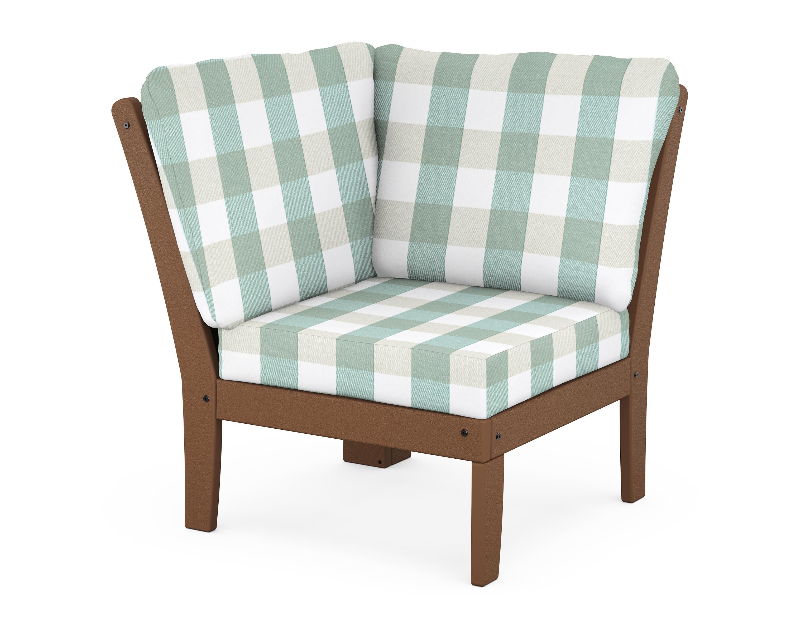 Braxton Modular Corner Chair in Teak / Buffalo Plaid Glacier Spa
