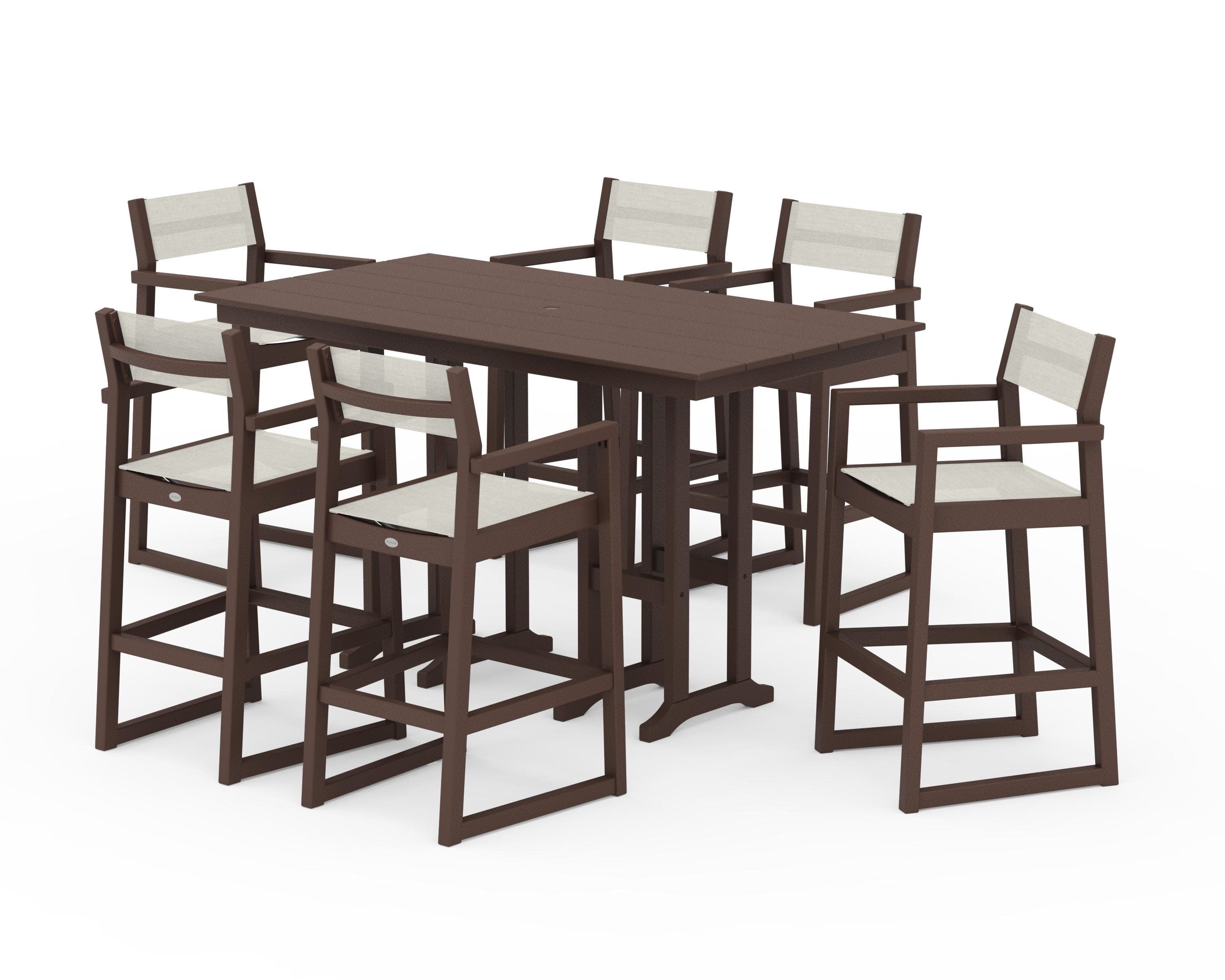 EDGE Sling Arm Chair 7-Piece Farmhouse Bar Set in Mahogany / Parchment Sling