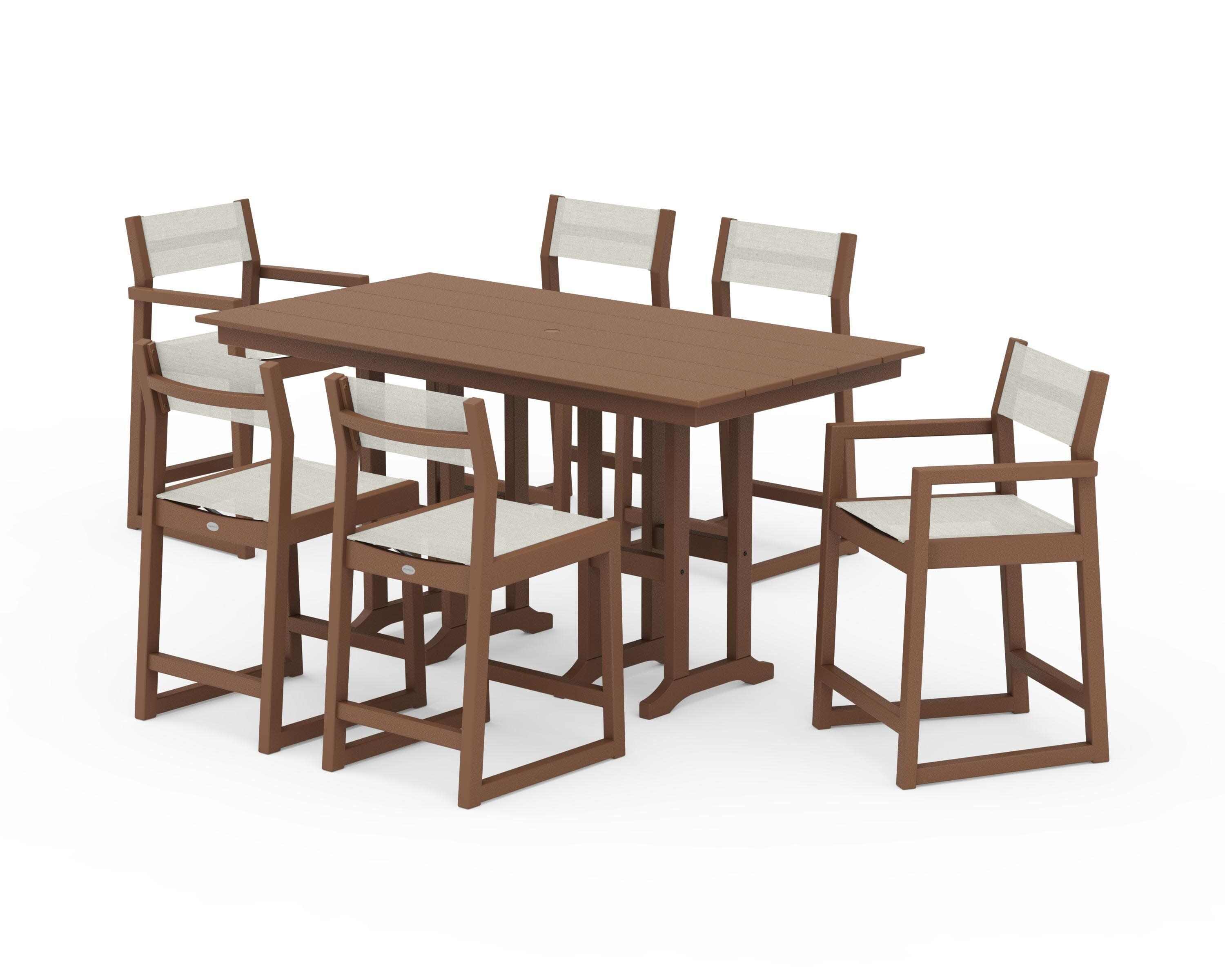 EDGE Sling 7-Piece Farmhouse Counter Set with Trestle Legs in Teak / Parchment Sling