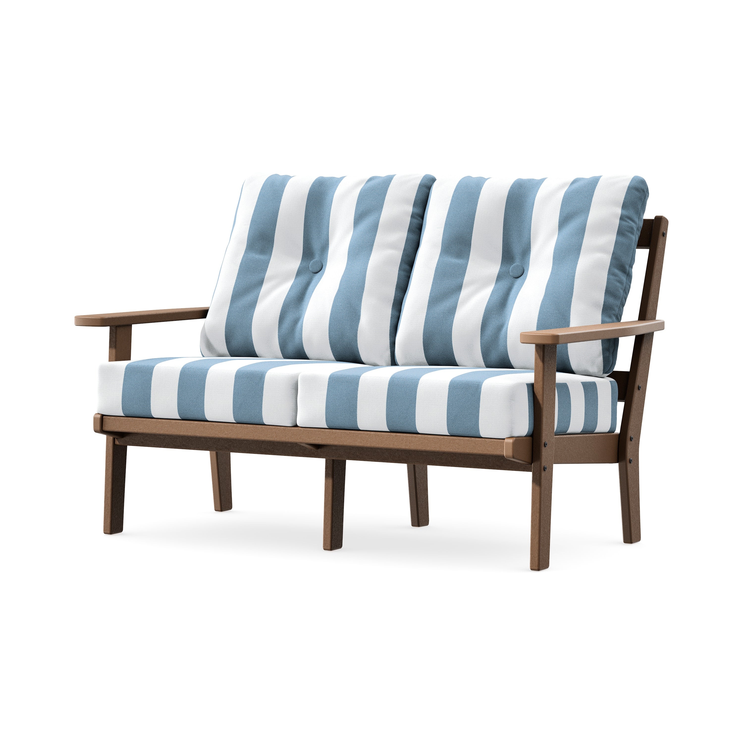 Prairie Deep SeatingLoveseat in Teak / Cabana Stripe Sky Blue
