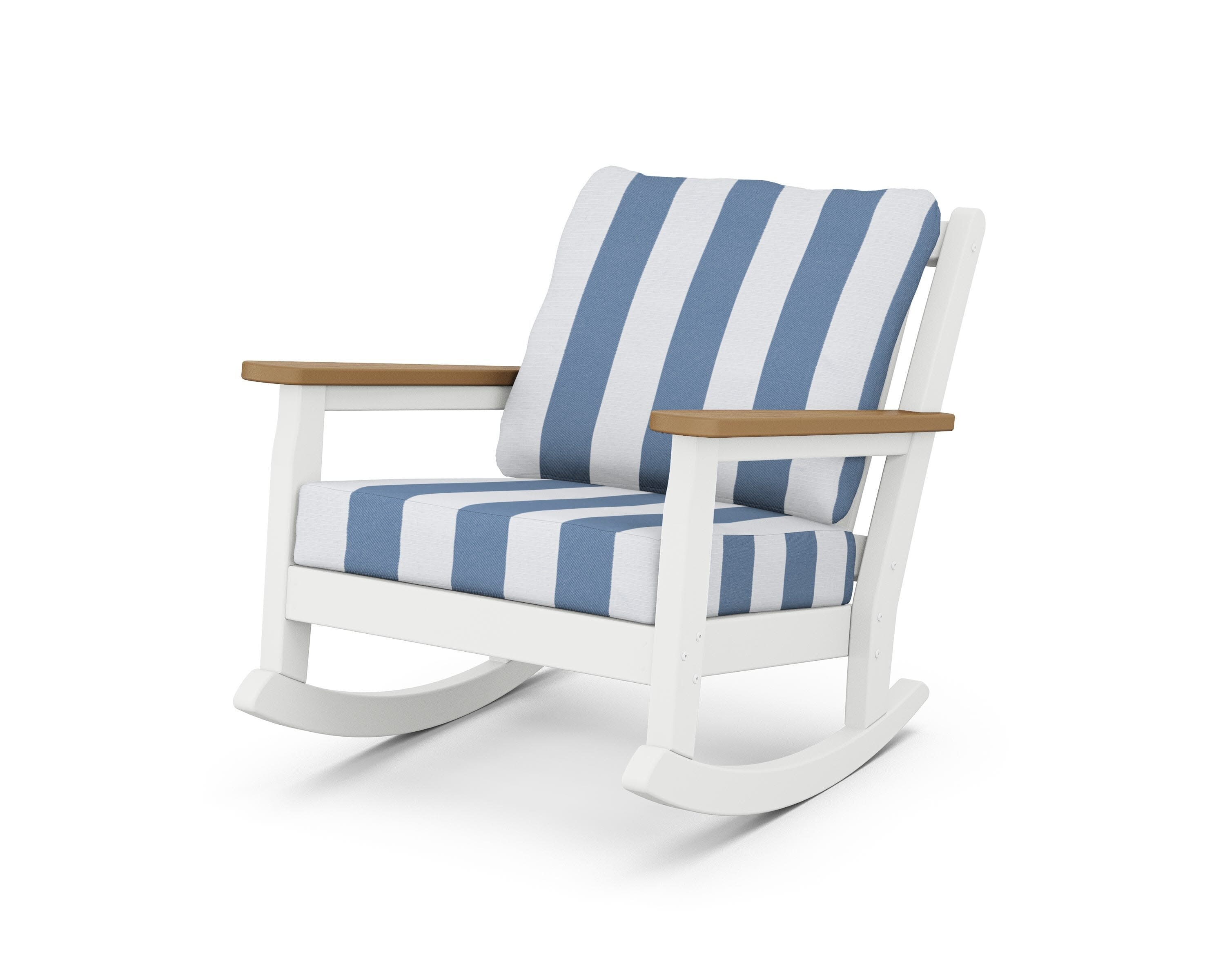 Chippendale Deep Seating Rocking Chair in White / Natural / Cabana Stripe Sky Blue