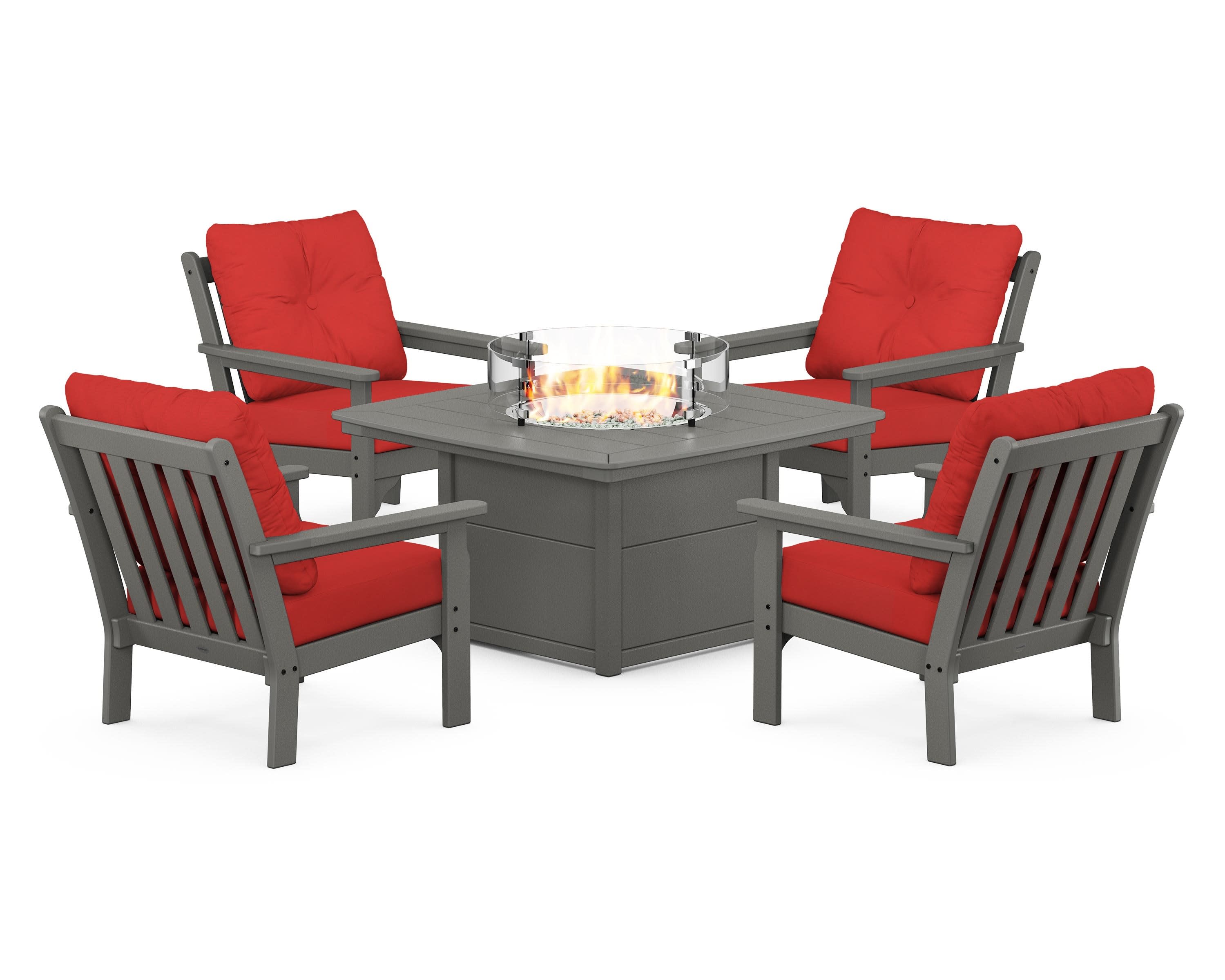 Vineyard 5-Piece Conversation Set with Fire Pit Table in Slate Grey / Crimson Linen