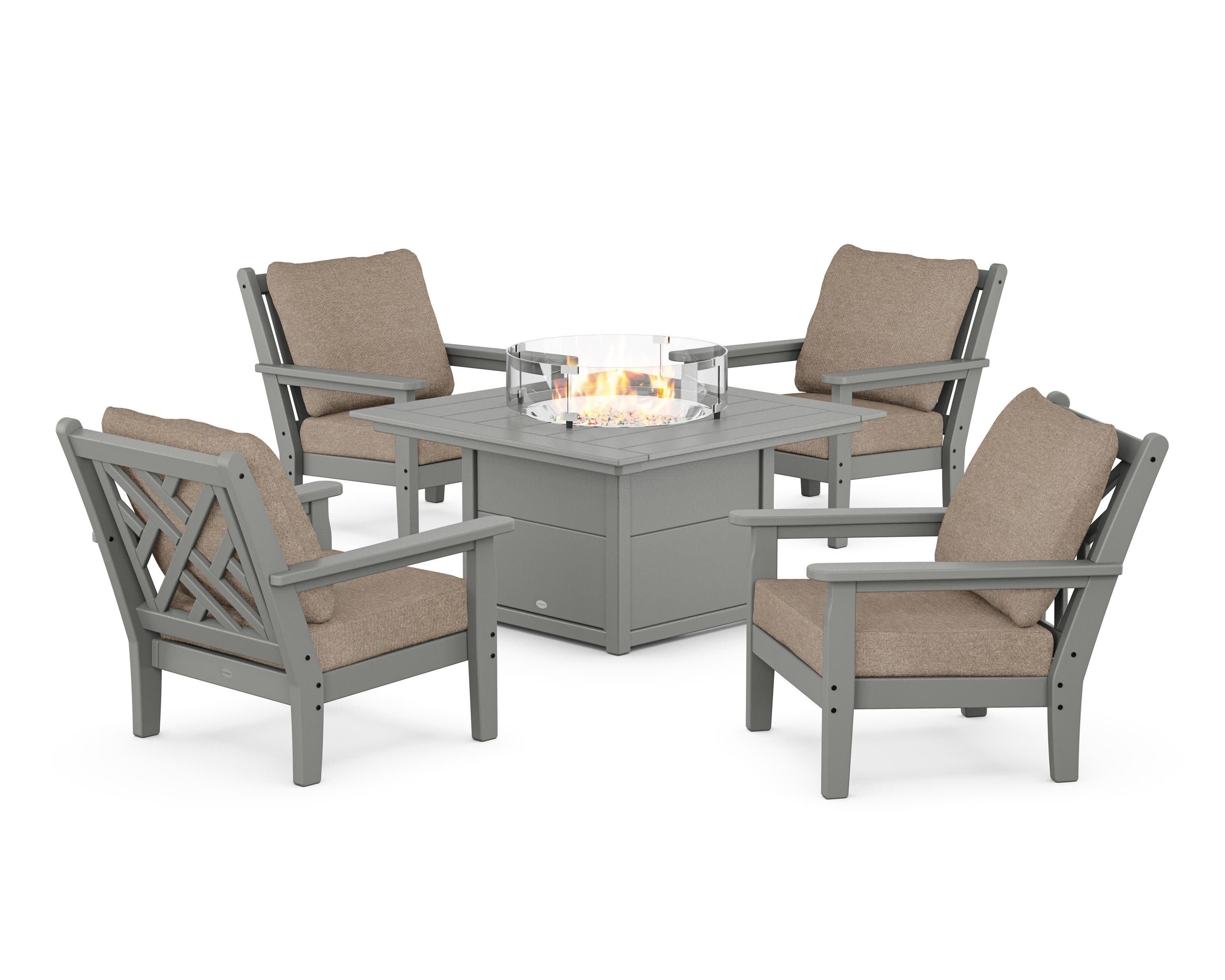 Chippendale 5-Piece Deep Seating Set with Fire Pit Table in Slate Grey / Spiced Burlap