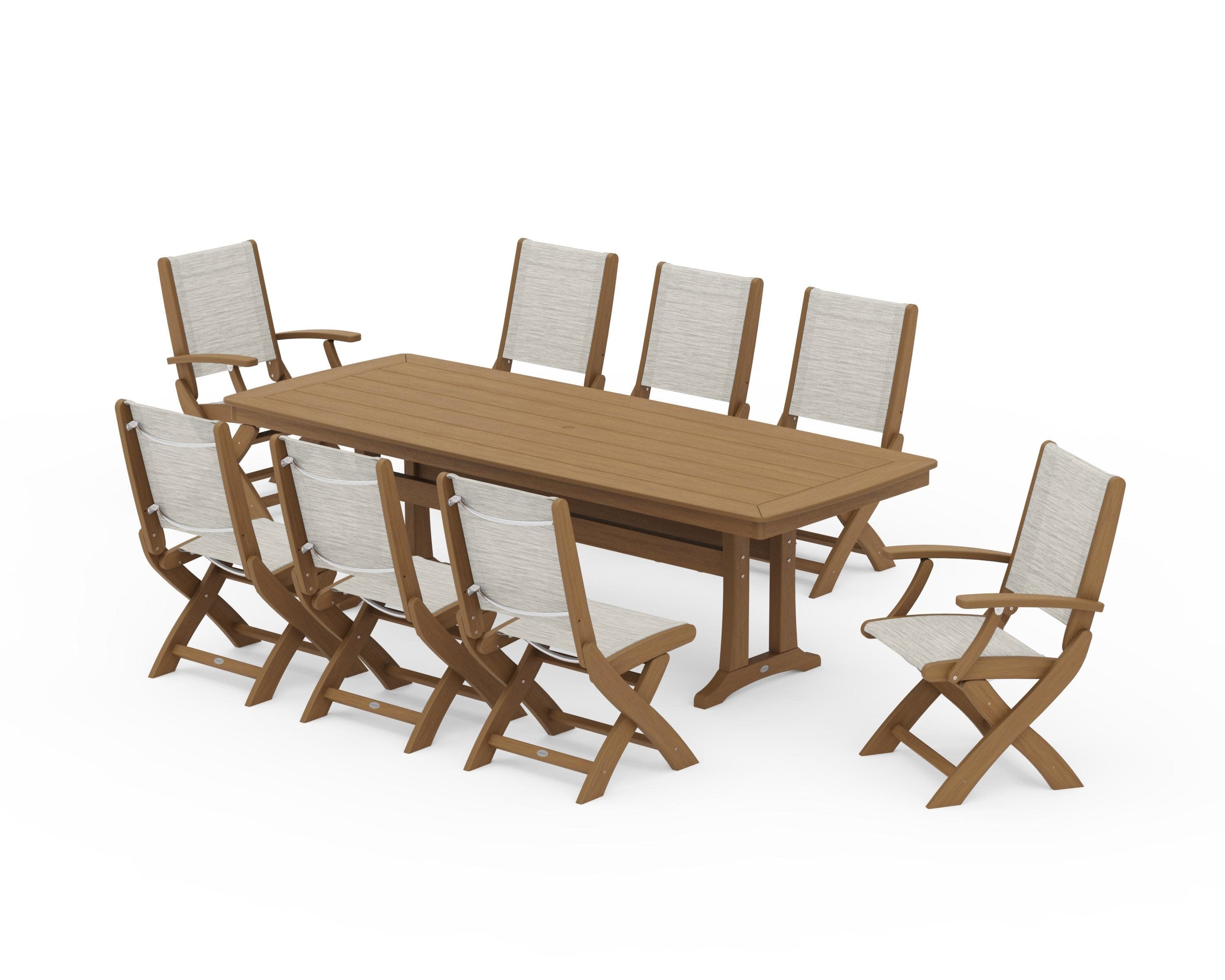 Coastal Folding 9-Piece Dining Set with Trestle Legs in Natural / Birch Sling