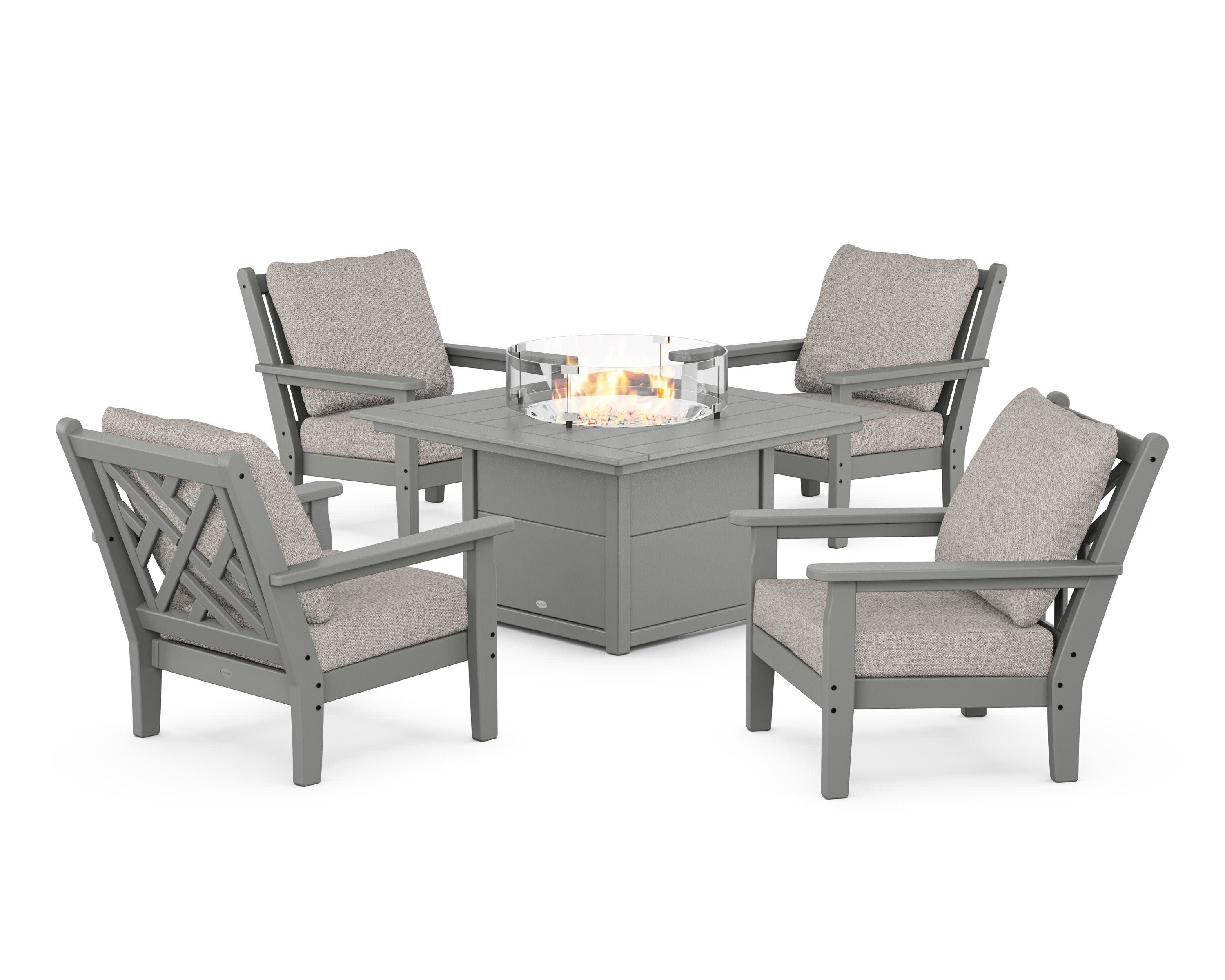 Chippendale 5-Piece Deep Seating Set with Fire Pit Table in Slate Grey / Weathered Tweed