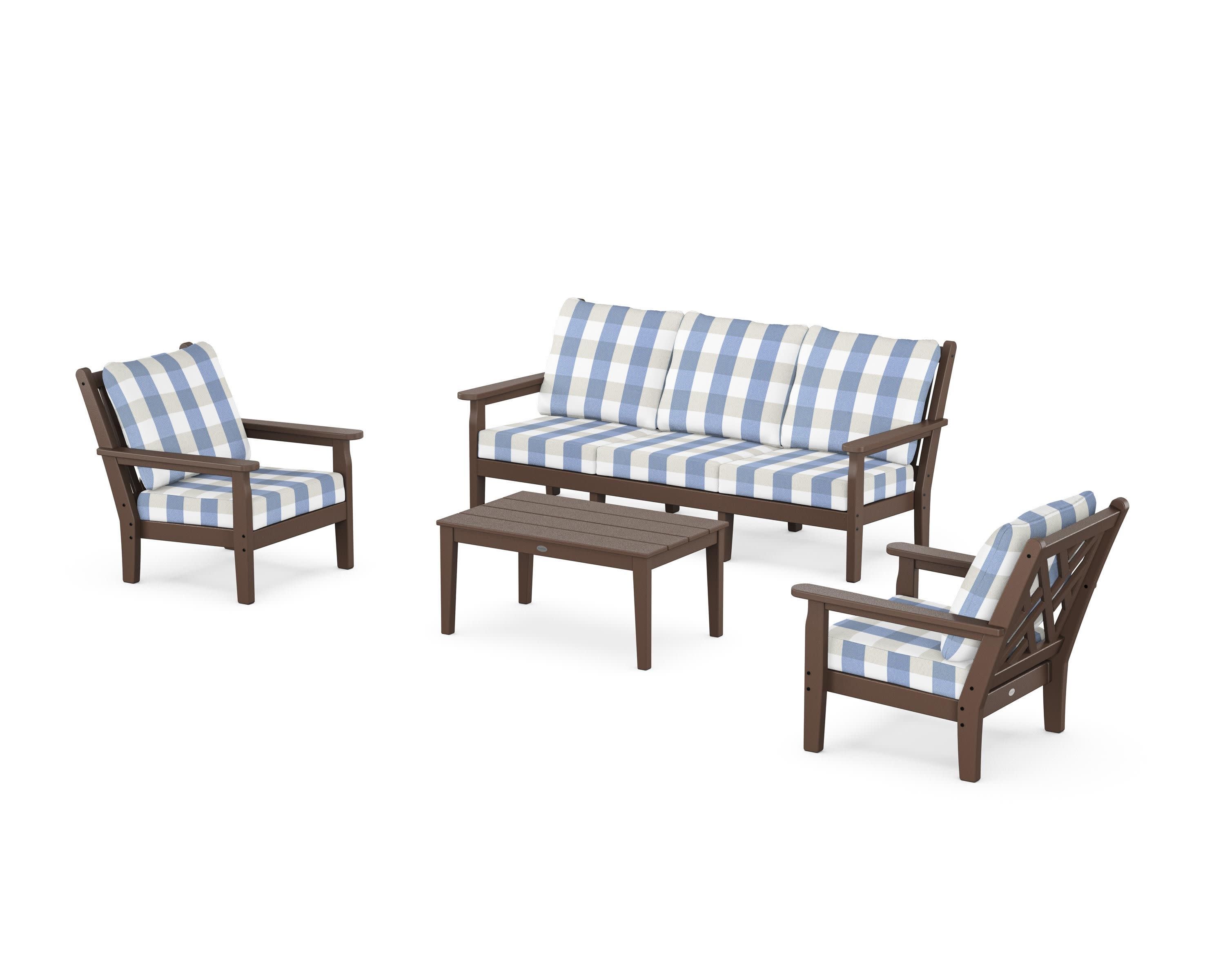 Chippendale 4-Piece Deep Seating Set with Sofa in Mahogany / Buffalo Plaid Sky Blue