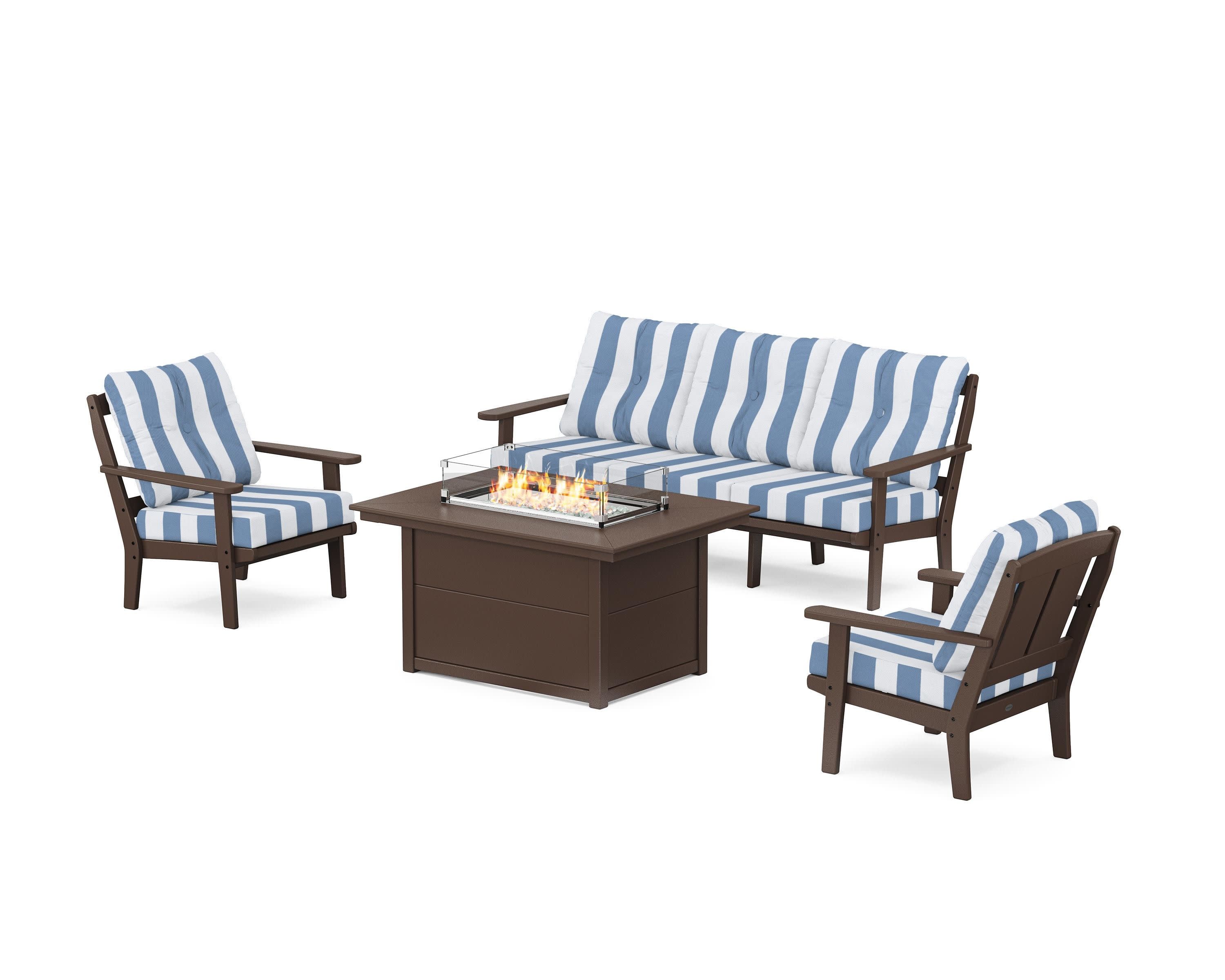 Mission Deep Seating Fire Pit Table Set in Mahogany / Cabana Stripe Sky Blue