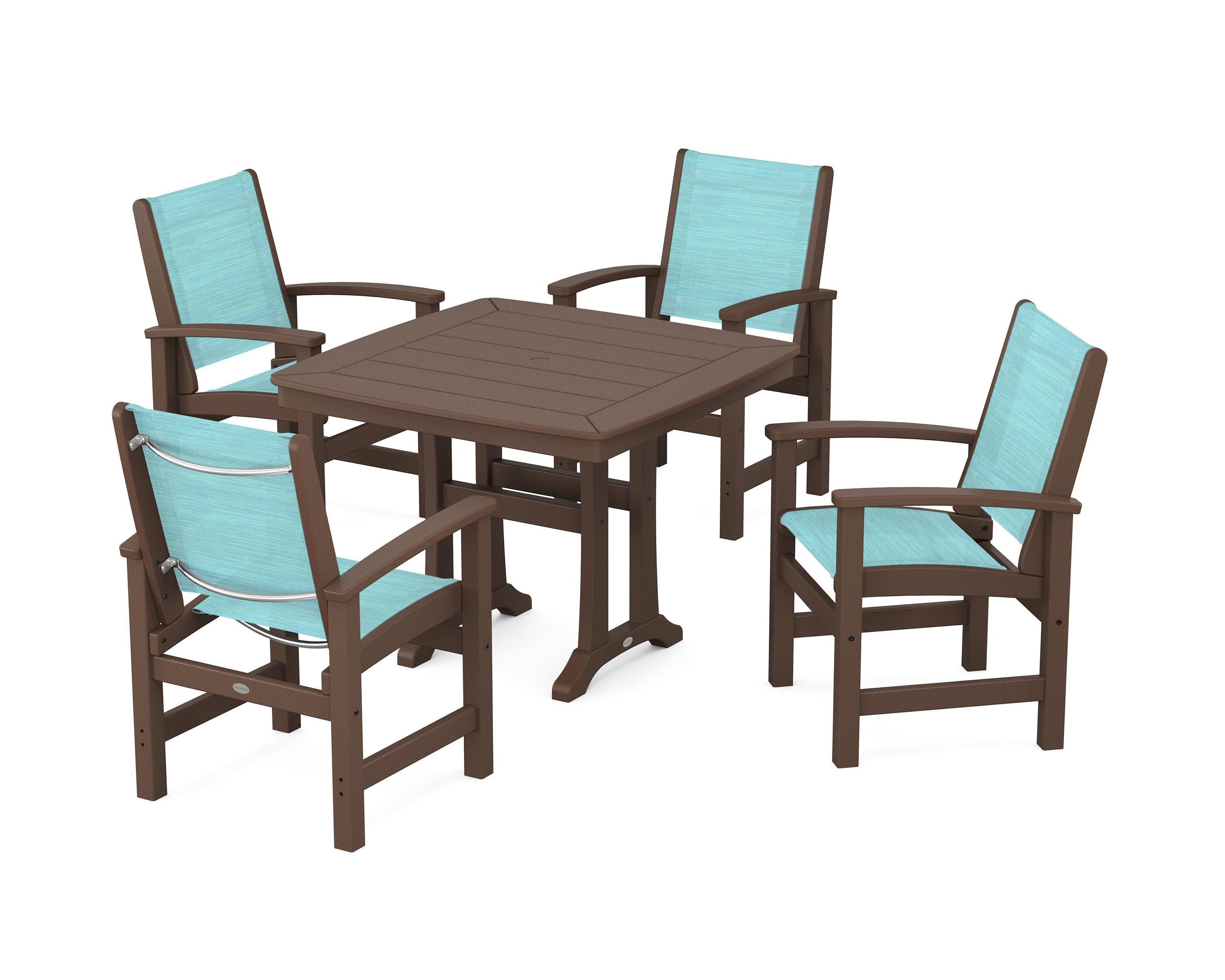 Coastal 5-Piece Dining Set with Trestle Legs in Mahogany / Dupioni Aquamarine Sling