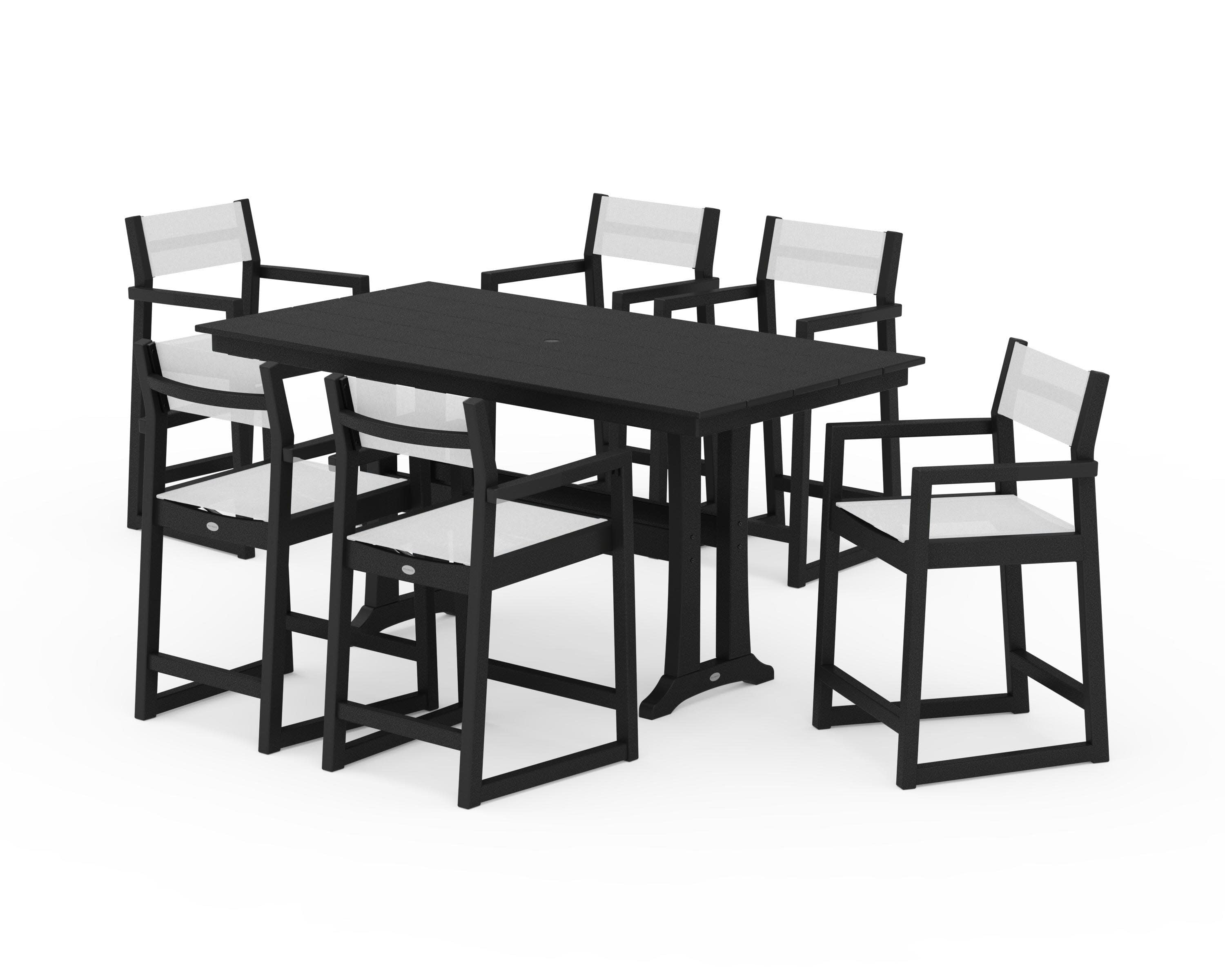 EDGE Sling Arm Chair 7-Piece Farmhouse Counter Set with Trestle Legs in Black / White Sling