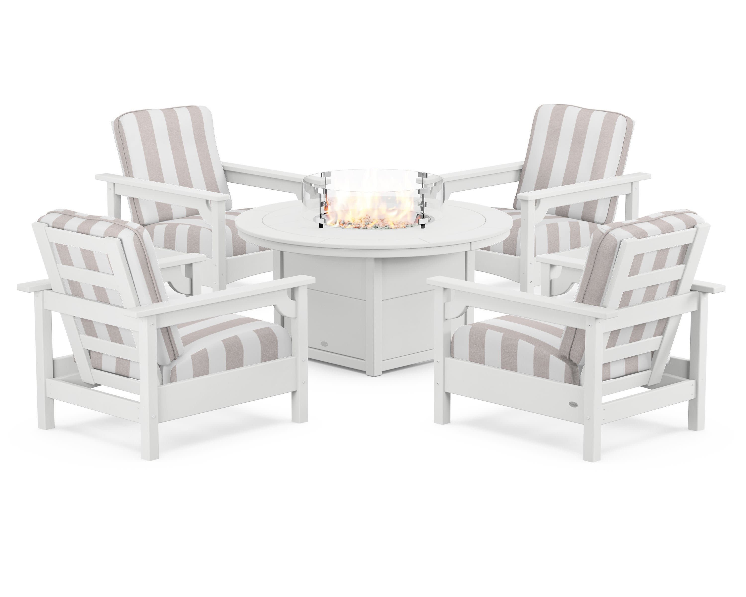 Club 5-Piece Conversation Set with Fire Pit Table in White / Cabana Stripe Dune Burlap