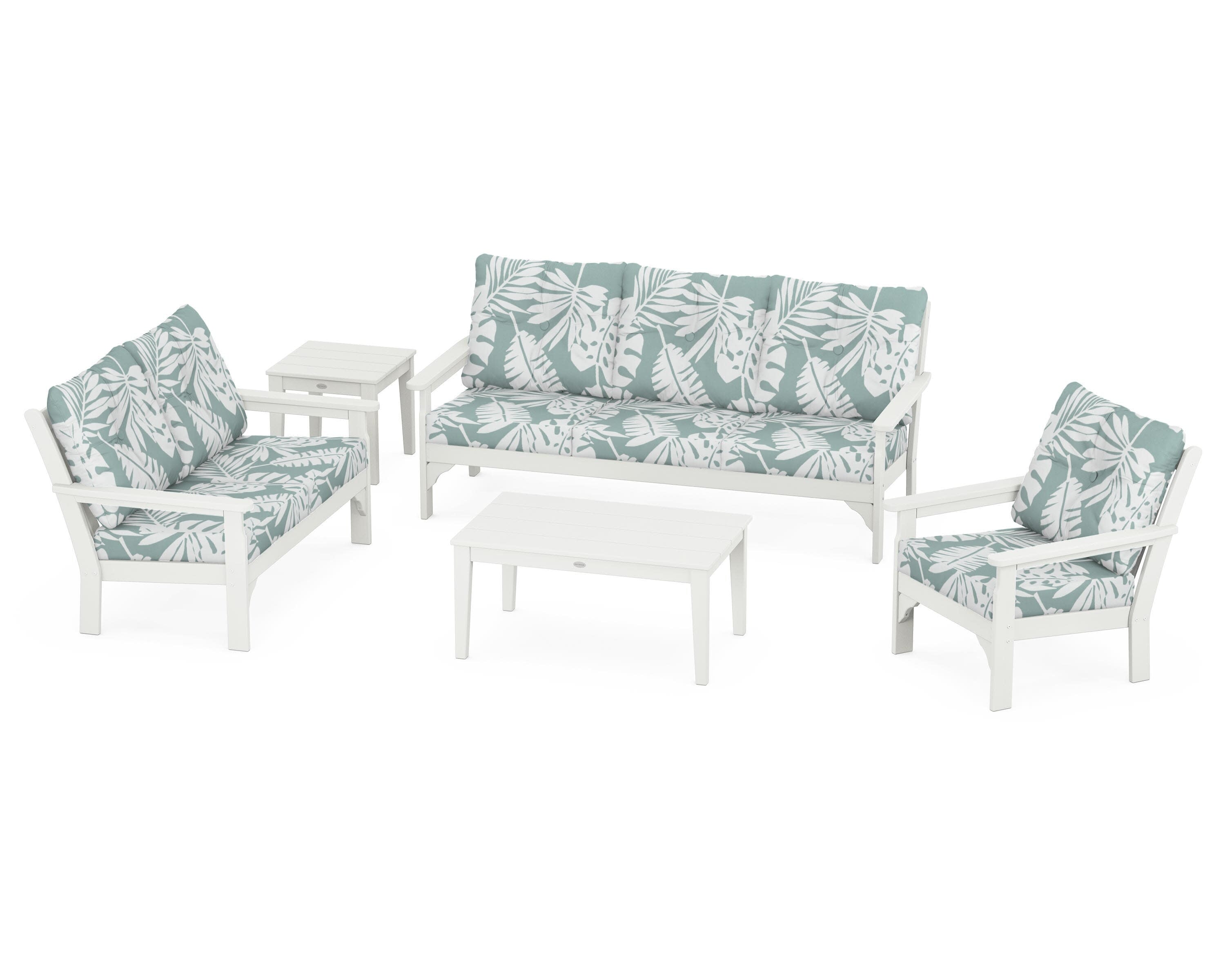 Vineyard 5 Piece Deep Seating Set in Vintage White / Leaf Glacier Spa