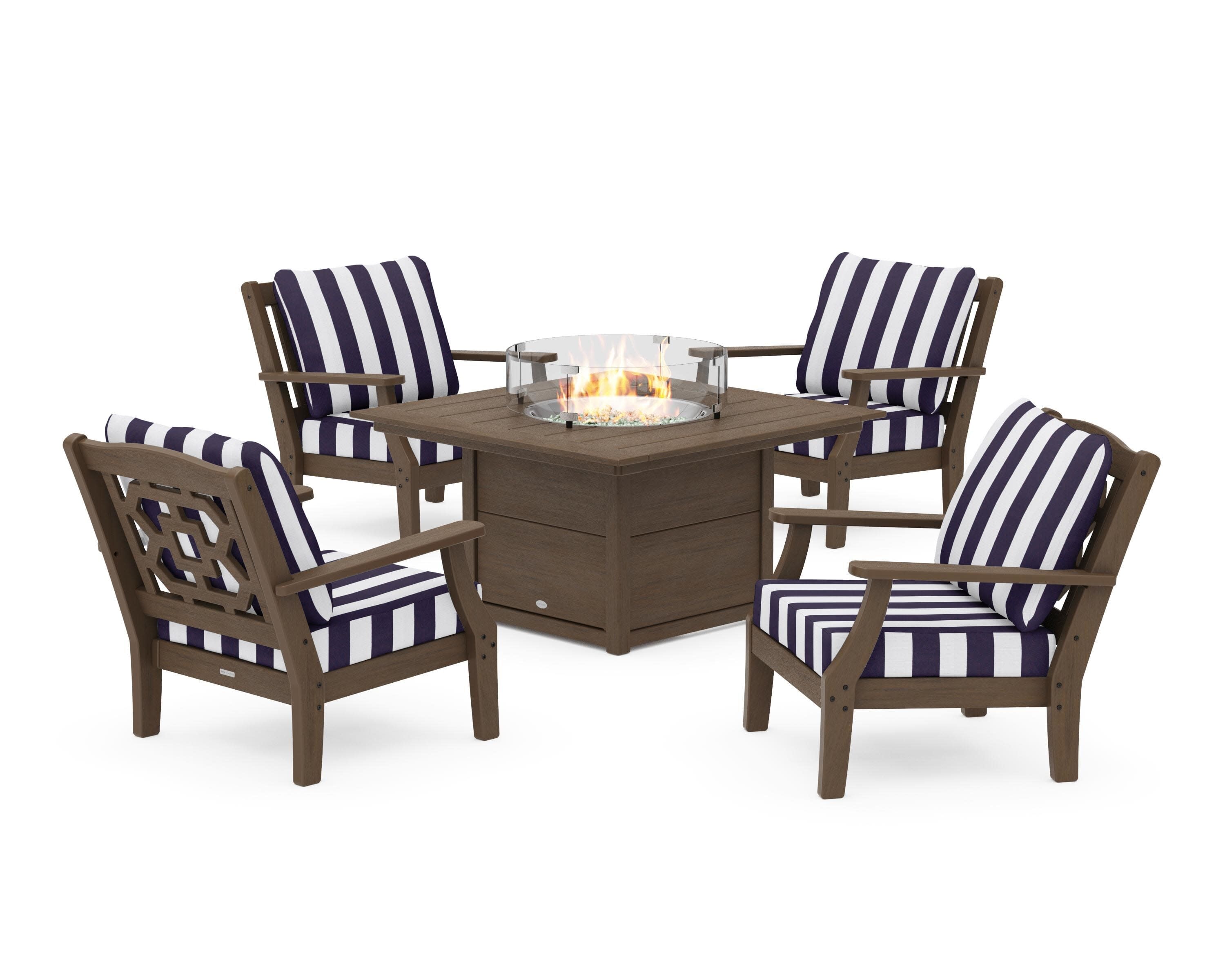 Chinoiserie 5-Piece Deep Seating Set with Fire Pit Table in Kona / Cabana Stripe Navy
