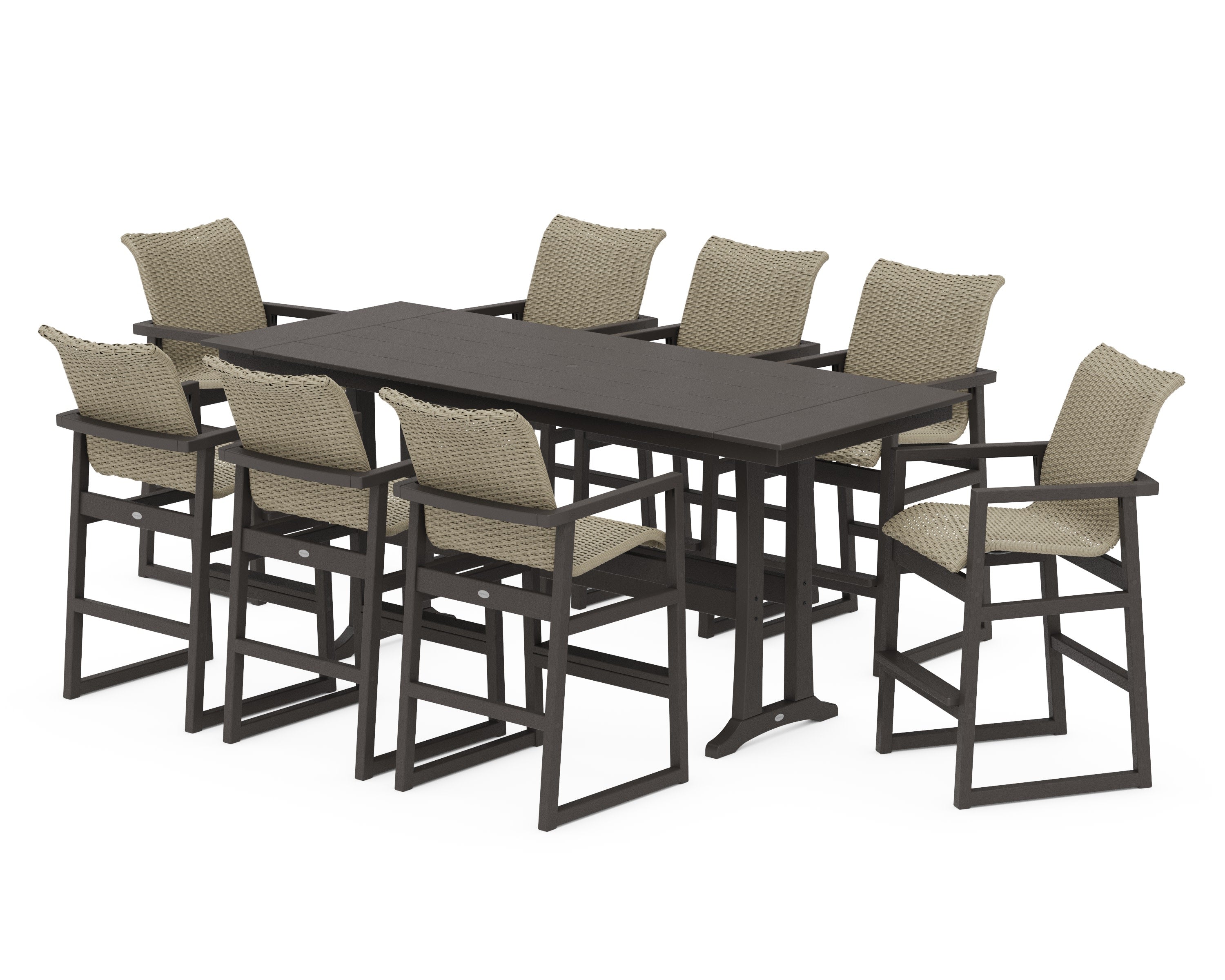 EDGE Woven 9-Piece Farmhouse Bar Set with Trestle Legs in Vintage Coffee / Dune Grass