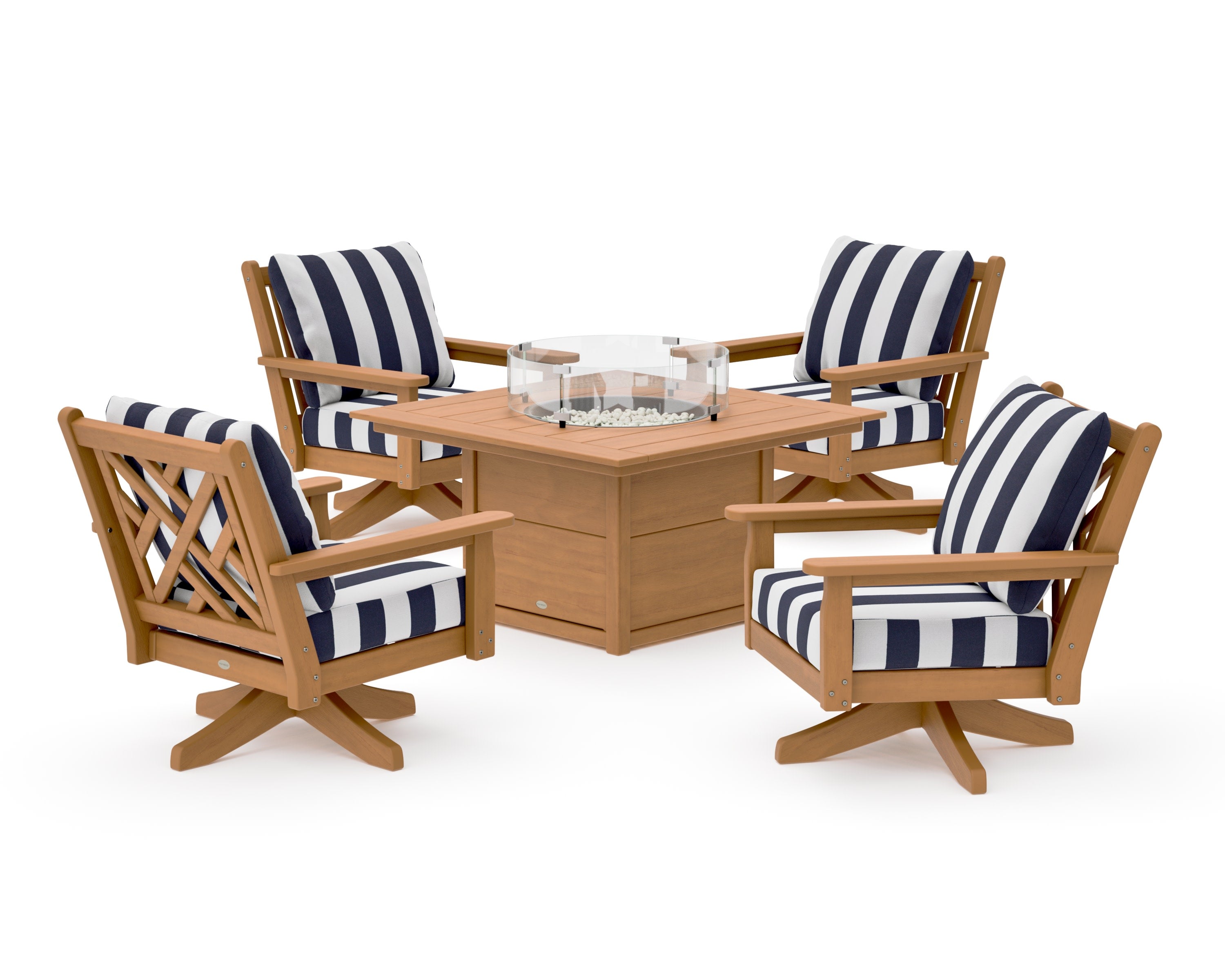 Chippendale 5-Piece Deep Seating Swivel Conversation Set with Fire Pit Table in Natural / Cabana Stripe Navy