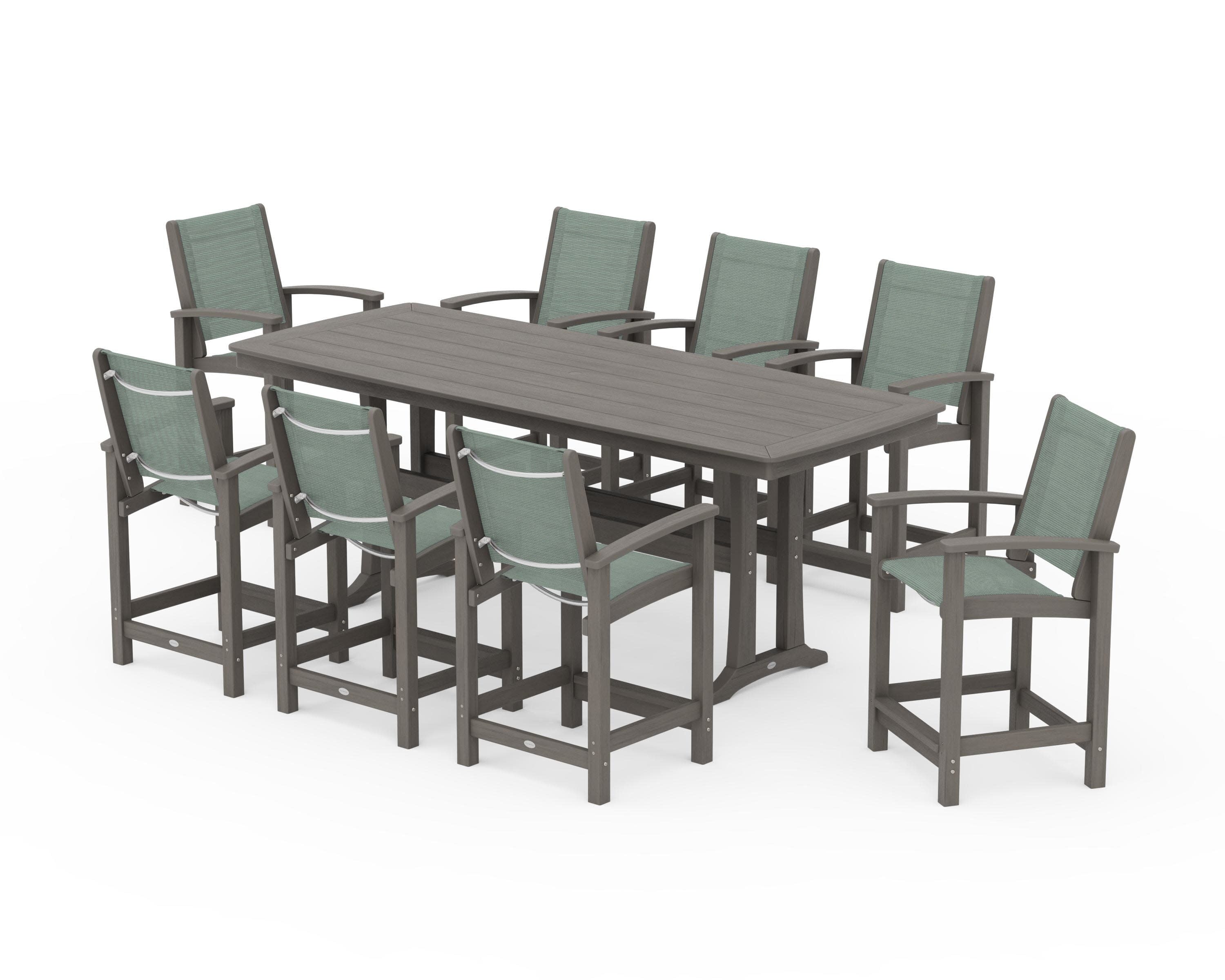 Coastal 9-Piece Counter Set with Trestle Legs in Driftwood / Dupioni Sea Mist Sling