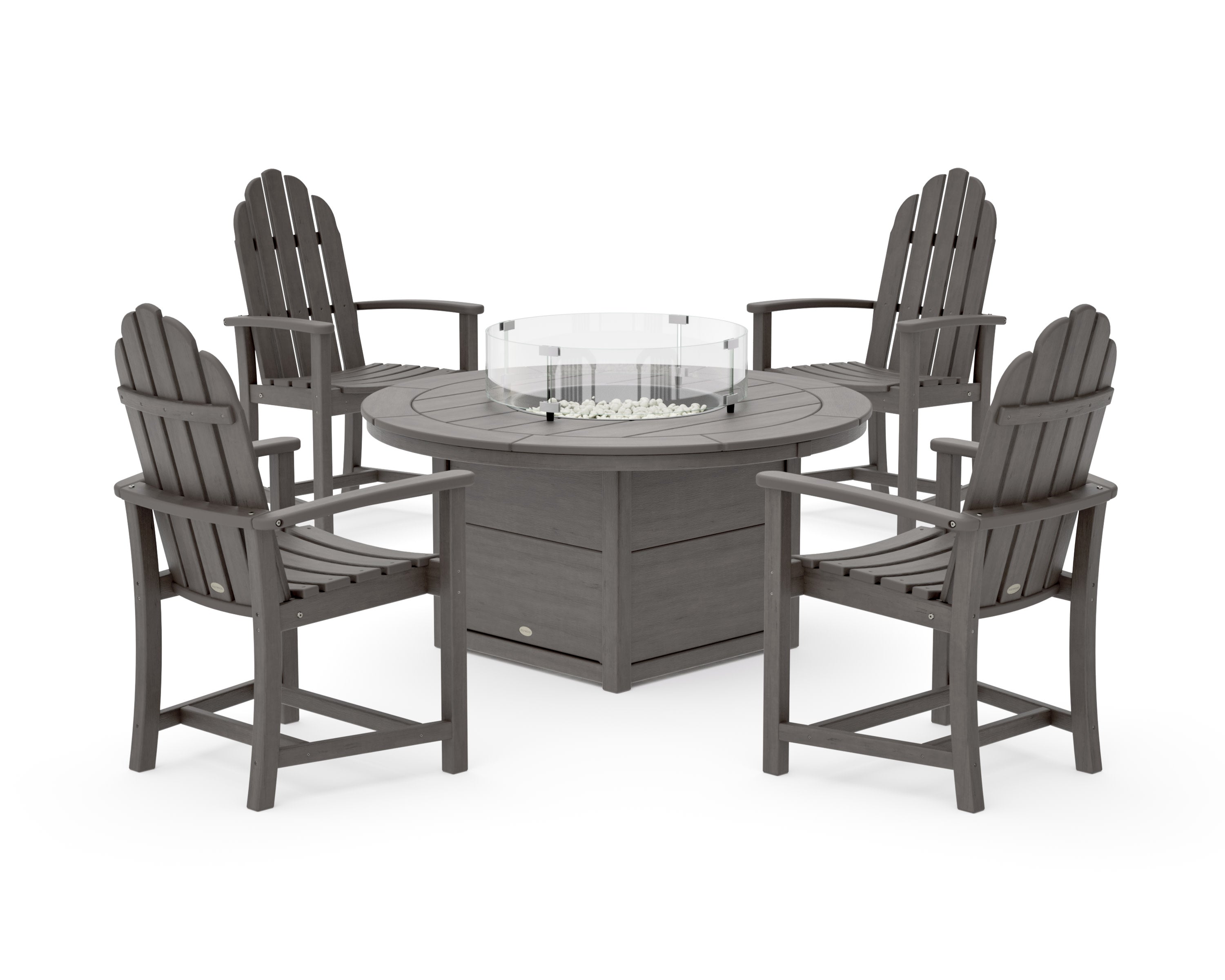 Classic 4-Piece Upright Adirondack Conversation Set with Fire Pit Table in Driftwood