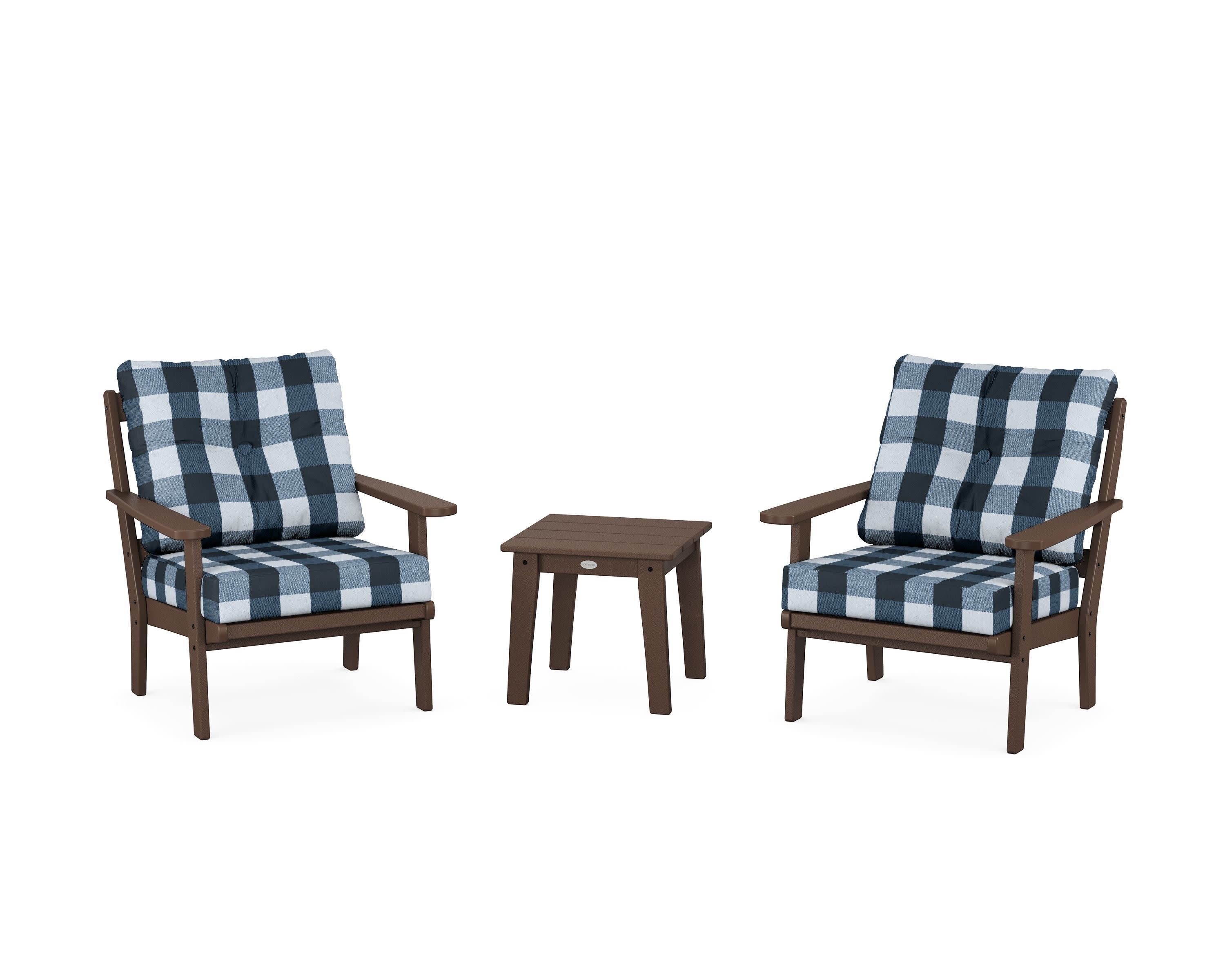 Mission 3-Piece Deep Seating Set in Mahogany / Buffalo Plaid Marine Indigo