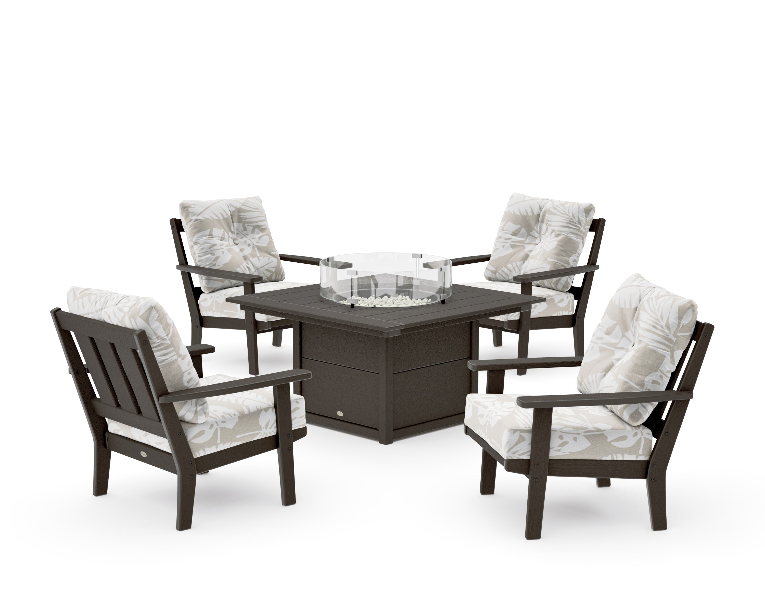 Oxford 5-Piece Deep Seating Set with Fire Pit Table in Vintage Coffee / Leaf Dune Burlap