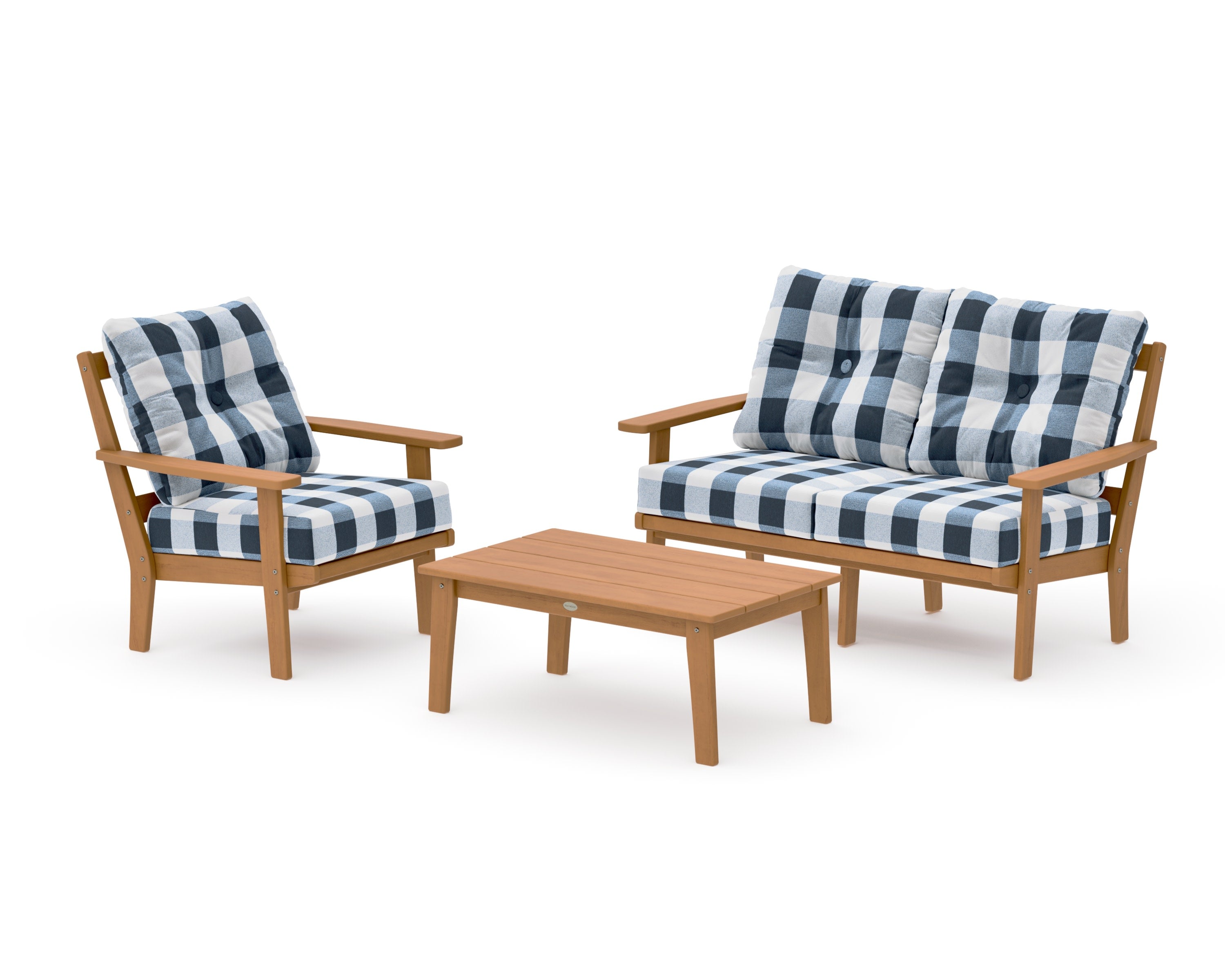 Prairie 3-Piece Deep Seating Set with Loveseat in Natural / Buffalo Plaid Marine Indigo