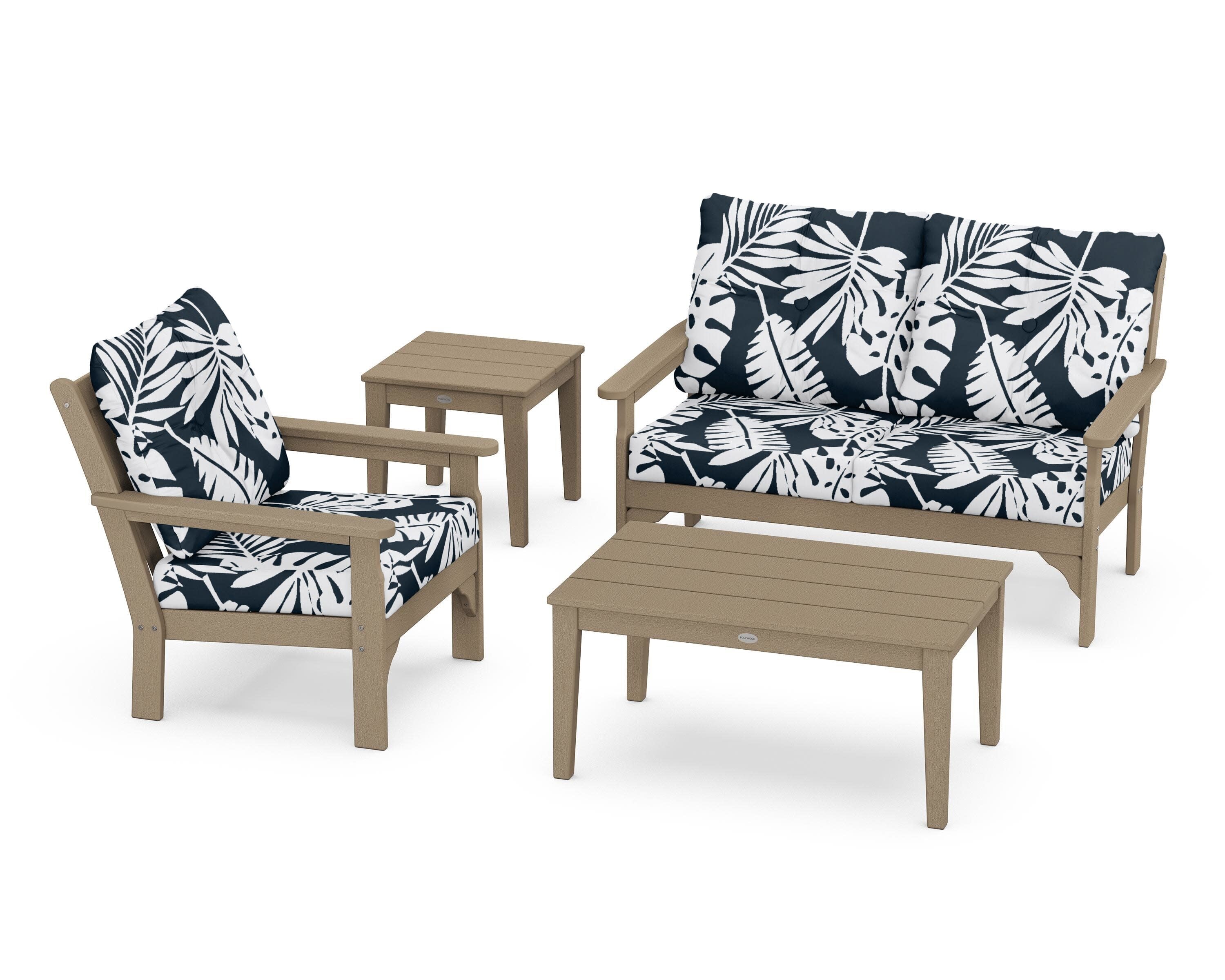 Vineyard 4-Piece Deep Seating Set in Vintage Sahara / Leaf Marine Indigo