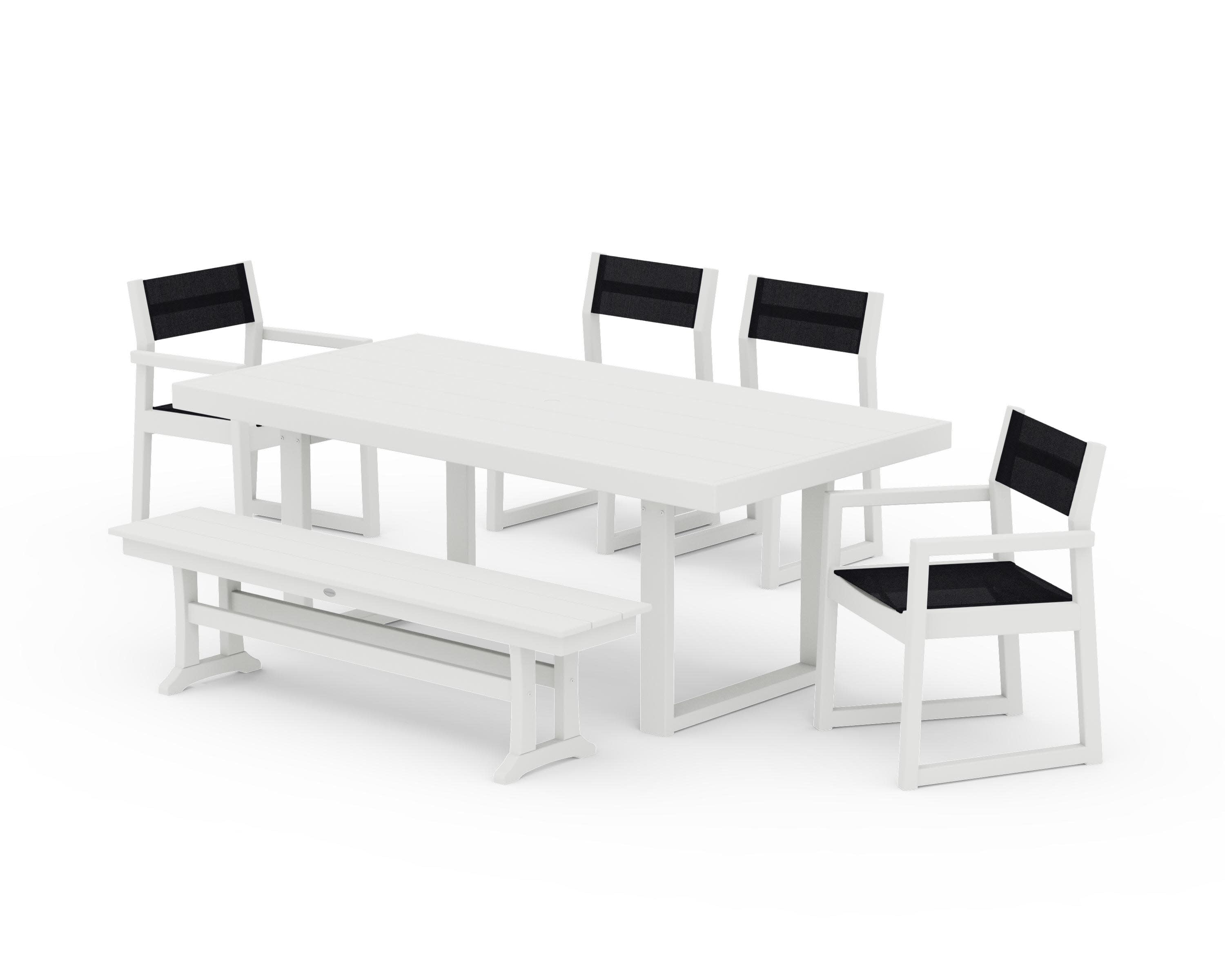 EDGE Sling 6-Piece Dining Set with Bench in Vintage White / Black Sling