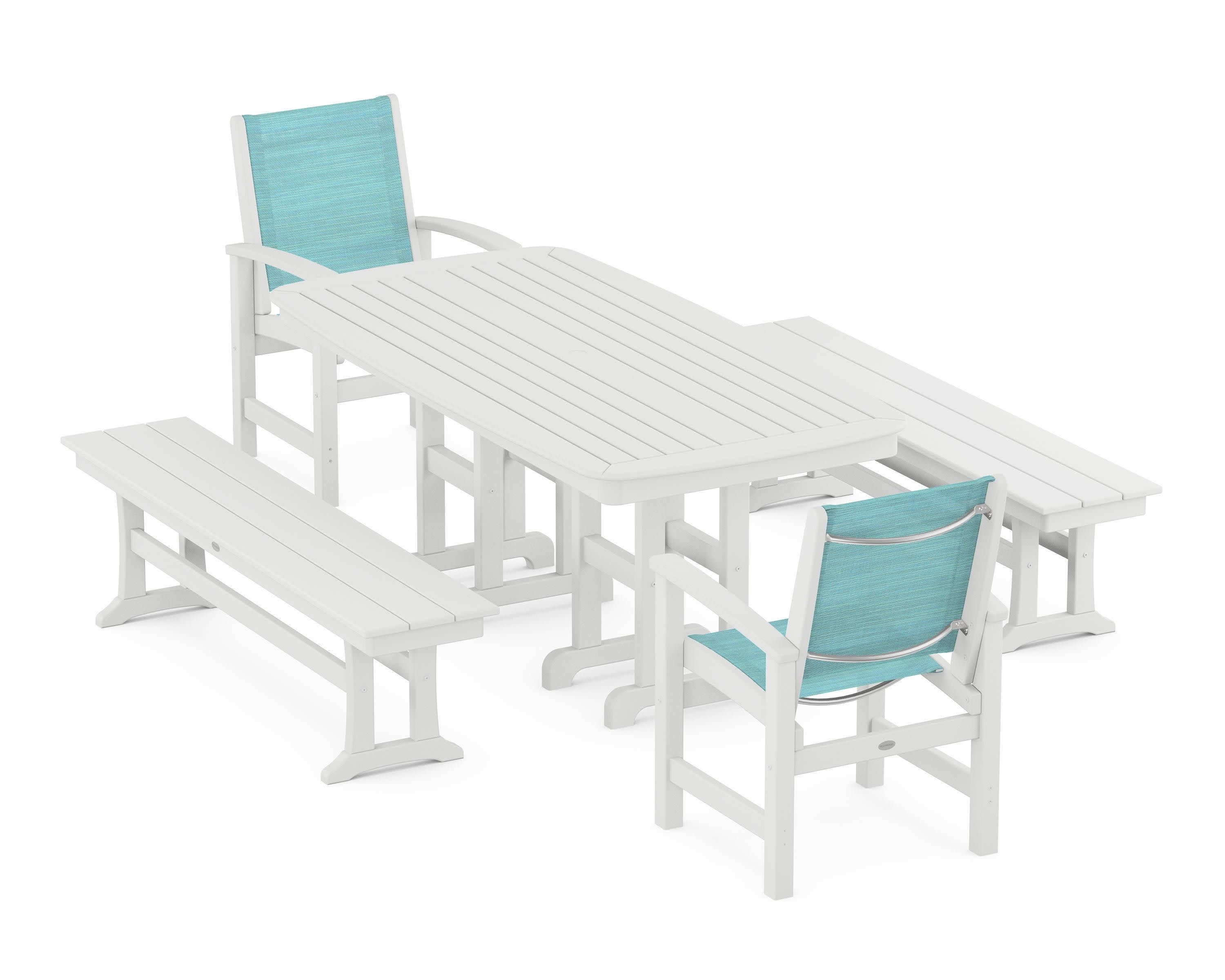 Coastal 5-Piece Dining Set in White / Dupioni Aquamarine Sling