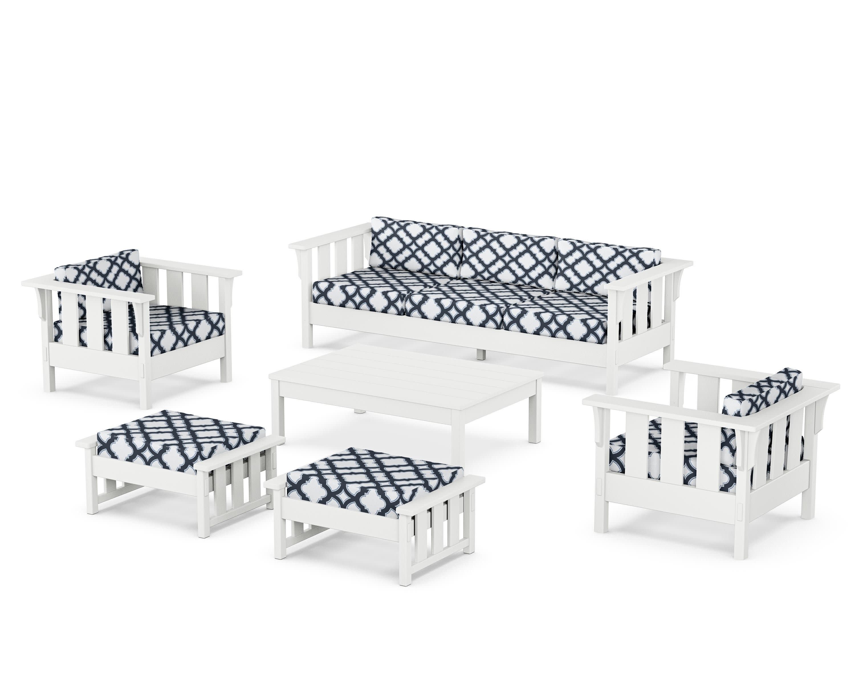 Acadia 6-Piece Lounge Sofa Set in White / Trellis Marine Indigo