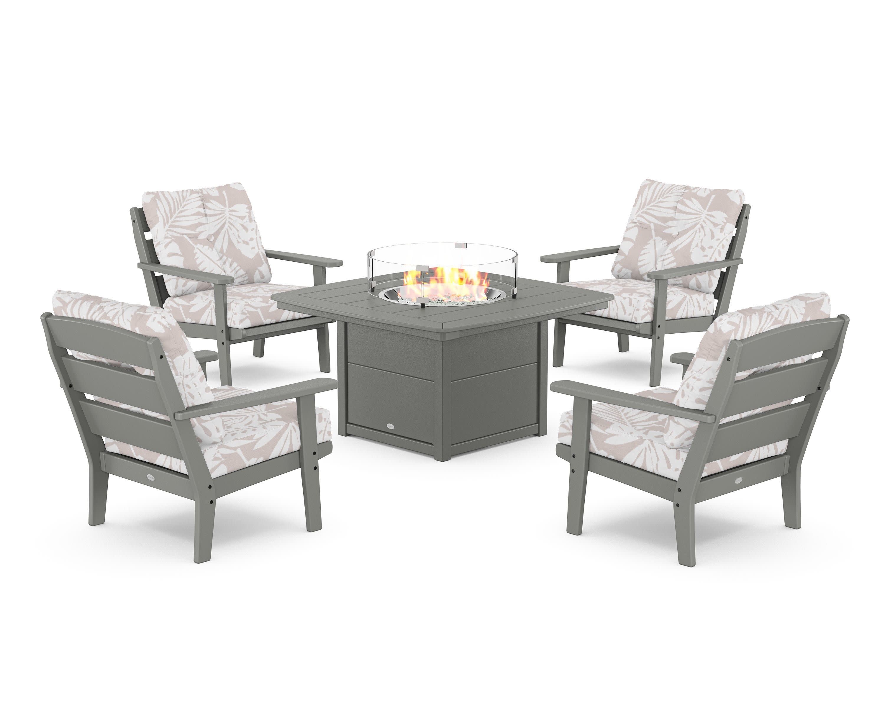 Lakeside 5-Piece Deep Seating Set with Nautical Fire Pit Table in Slate Grey / Leaf Dune Burlap