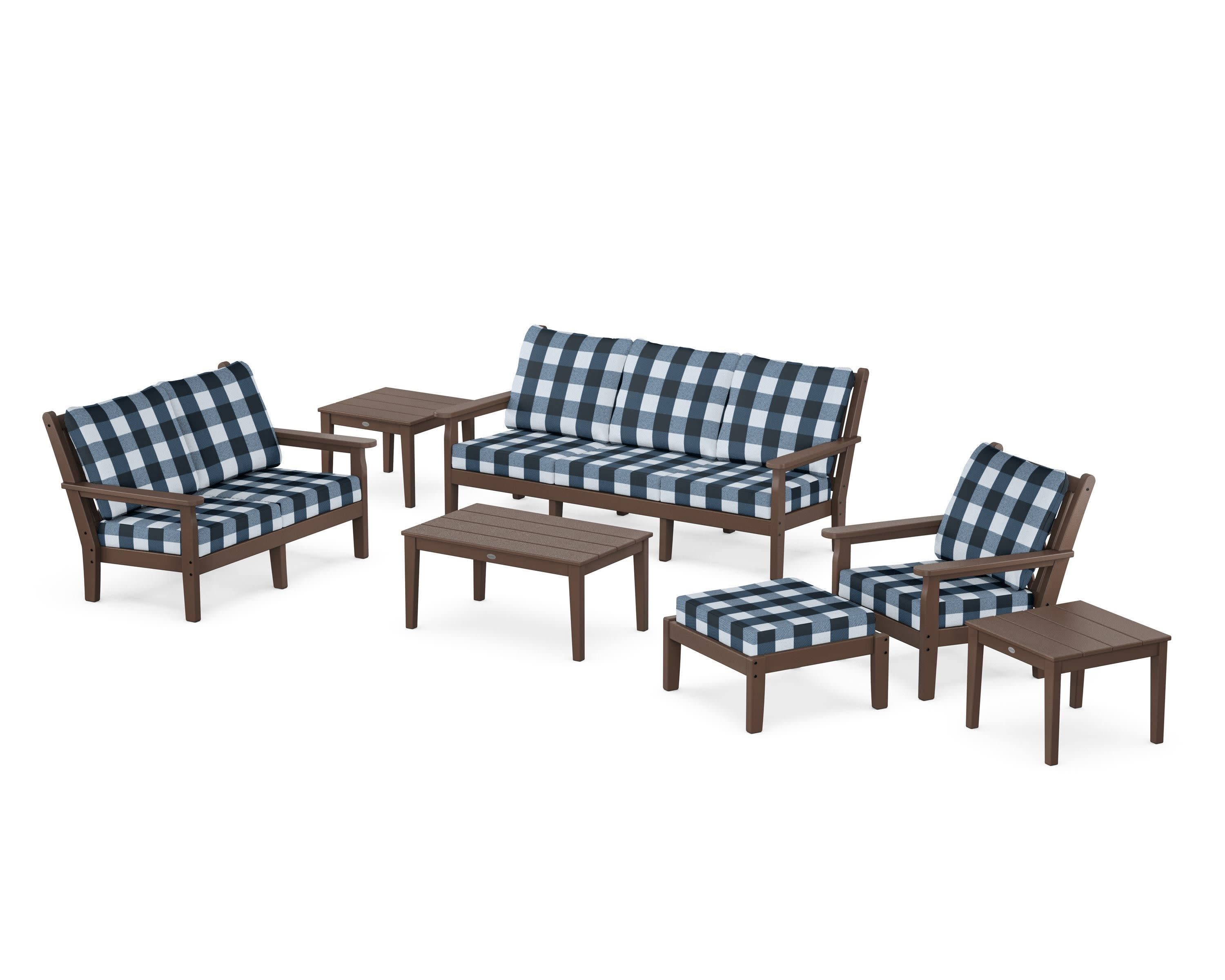 Chippendale 7-Piece Deep Seating Set in Mahogany / Buffalo Plaid Marine Indigo